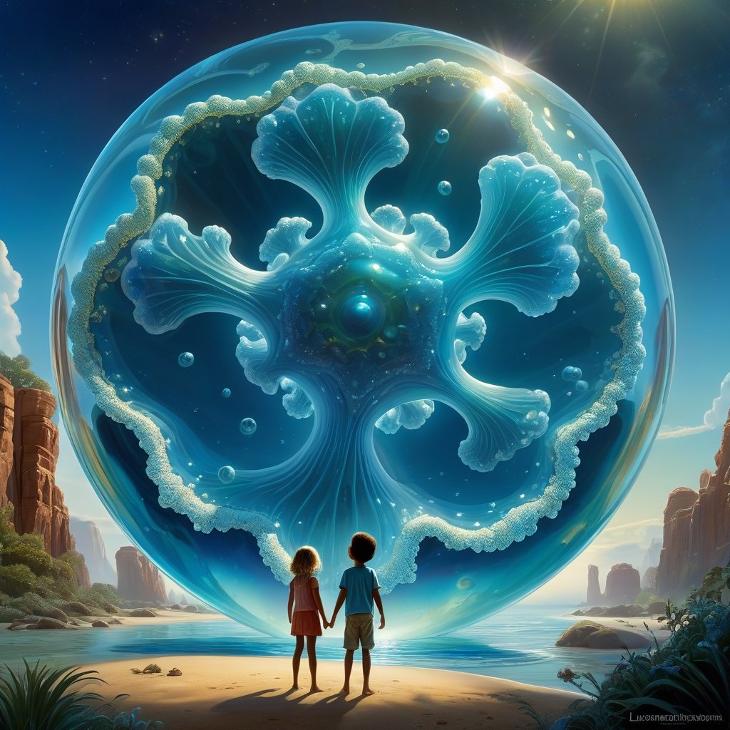 digital illustration, Transparent Amoeba, siblings standing in front of a giant amoeba, jelly-like transparent clear amoeba, science fantasy painting, cell biology, 3 d animated movie, by Lawrence Harris, tree of life inside the ball, crossing the blue horizon, inspired by Todd Lockwood, artist impression, antibodies, by Galen Dara, jaime jasso, intensely beautiful image, marc _ simonetti, portrait of a dreamer