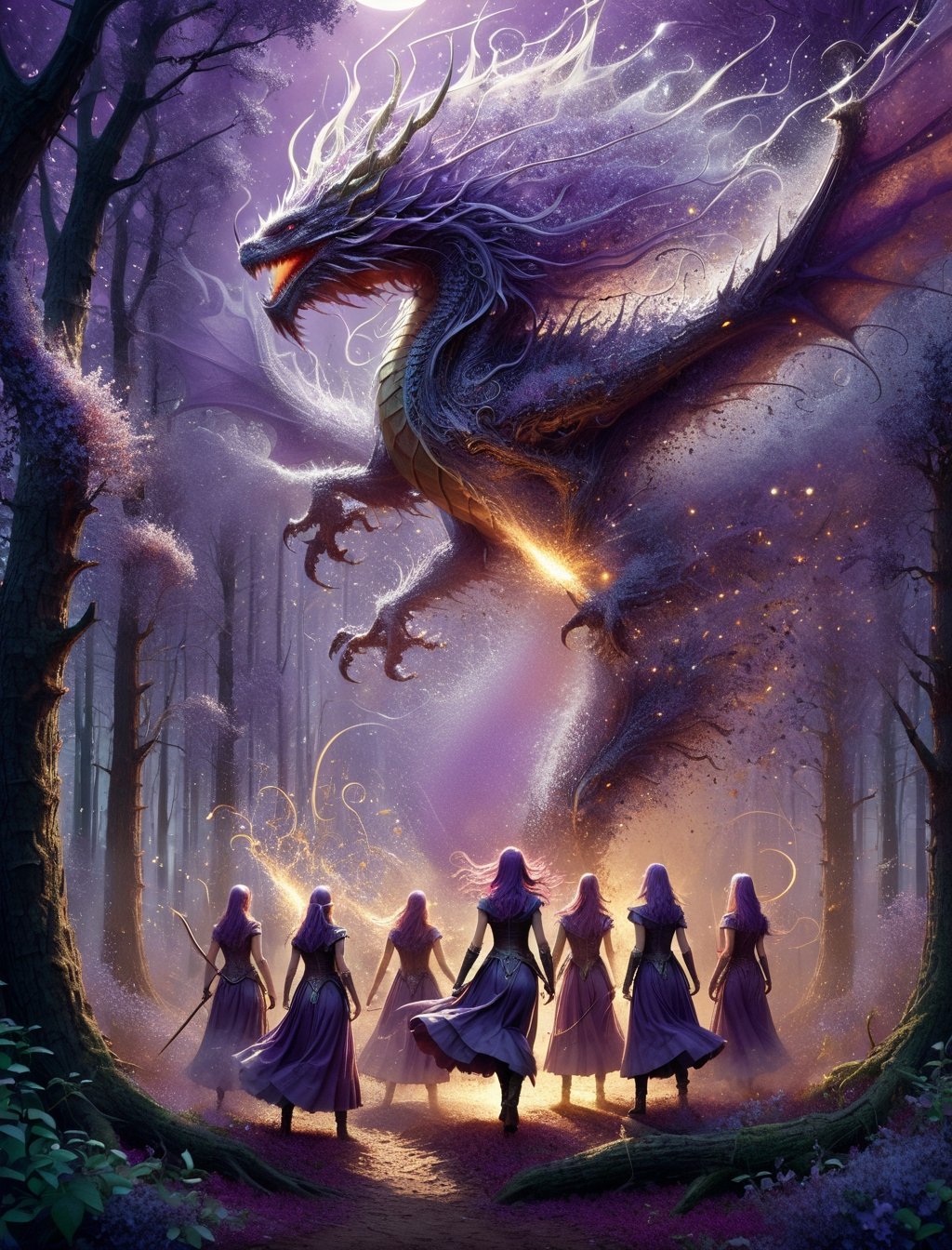 Fantasy action scene, (("(Group of women priestesses!!:1.3) magically summoning 1dragon!! (Western Dragon:1.5) made of swirling_liquid_metal and lavenderblooms!!")), ((("dissolving dragon!!"))), on a full moon night in a supernatural forest, Metallic_Vexing_Violet_color accents, magic, soft lighting, sharp focus, by Marc Simonetti & yoji shinkawa & wlop & james jean, nekroxiii, paint drops, rough edges, trending on artstation, studio photo, intricate details, highly detailed, moonrays, detailed brushwork, illustration, epic perfect composition, energetic, dan mumford and anna dittmann, DragonConfetti2024_XL