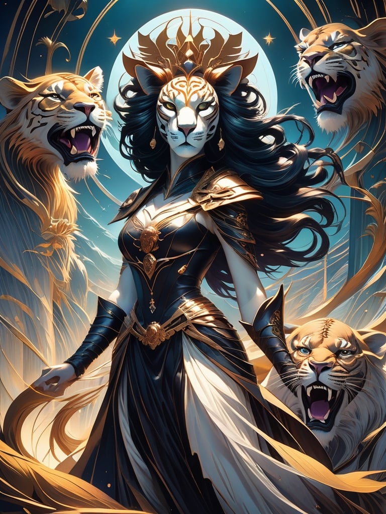 “Strength major arcana tarot card reimagined” as dark fantasy, dark fantasy woman and a skeleton liontiger, stylized painting graphic design poster art by Jon foster, pop surrealism low brow art, digital illustration by yoshitaka amano, dan mumford, Nicolas delort, jeff koons, photorealism, crisp, UHD, fantasy, gorgeous linework, a complex and intricate masterpiece, cel-shaded, clean and sharp, animation key frame, Cool fantasy surreal drawing, juxtapoz magazine, moleskin project, hi-fructose magazine, art style with highly defined lines, professional sketchbook, bold line art, award winning comic graphic novel cover art, ying yang composition, mysterious