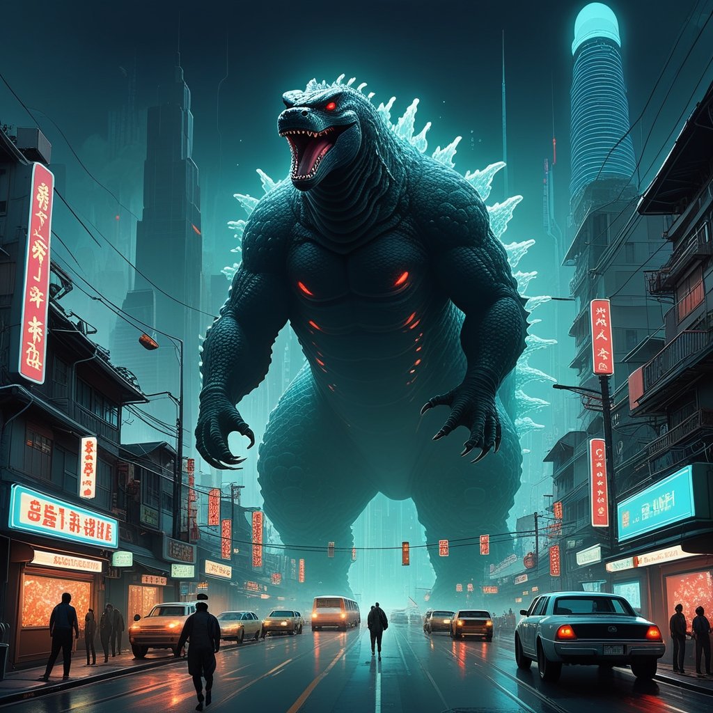 by cyril rolando, Ismail Inceoglu & Atey Ghailan & Victo Ngai & Alan Lee & James Gilleard :: 1kaiju, 100-meter-tall clear-transparent-amoeba gelatinous-blob shaped like godzilla, stomping on industrialized futuristic synthwave japanese-themed city, clear amoeba with glowing organelles :: panic & running & escape :: mayhem :: mass hysteria :: smoke & explosions :: planetary crisis :: cautionary tale :: cyberpunk palette