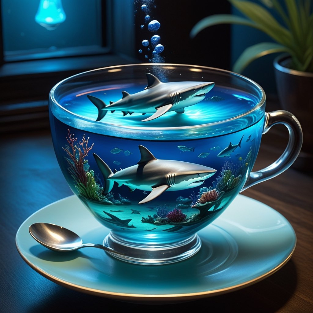 Tiny fantasy ocean in a teacup, sharks, blue bioluminescent glow, lifelike Art style, 32 k, the best art style