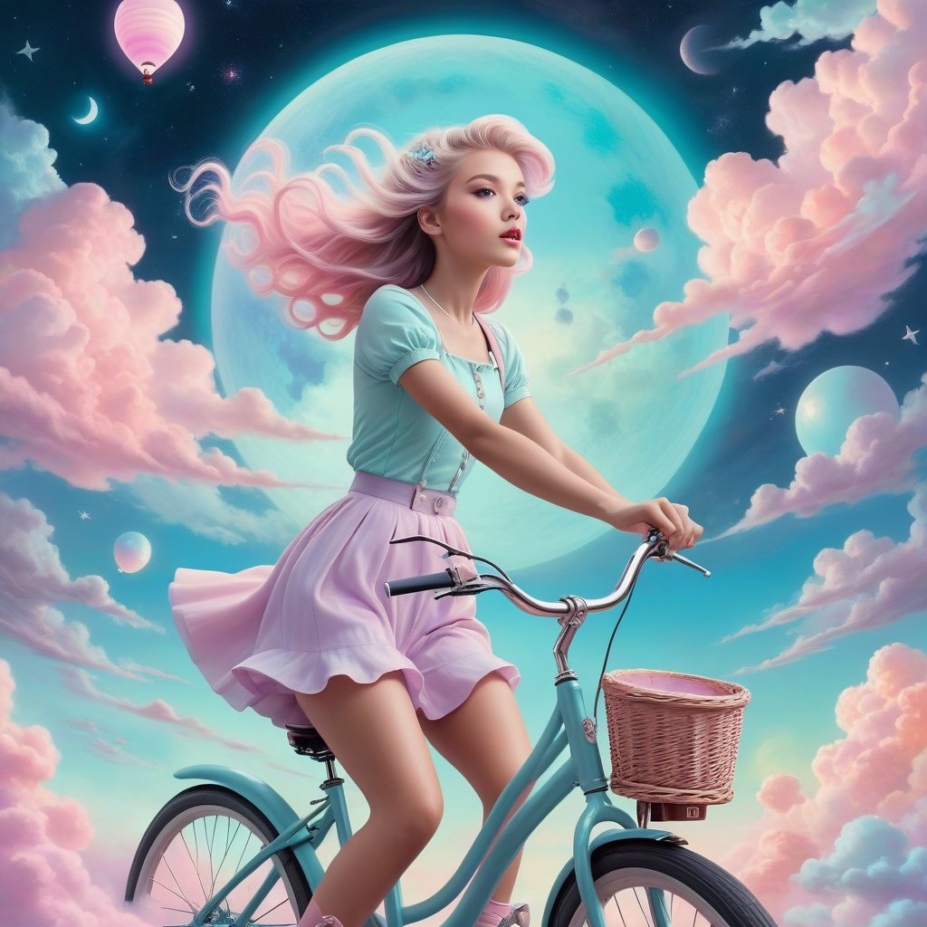 Pastel color palette, in dreamy soft pastel hues, pastelcore, pop surrealism poster illustration || Surreal image, close up of a girl riding a bicycle through the sky, hyperrealism, beautiful digital painting, hauntingly beautiful art, supernatural nighttime, epic and magical, mystic || bright hazy pastel colors, whimsical, impossible dream, pastelpunk aesthetic fantasycore art, beautiful soft pastel colors