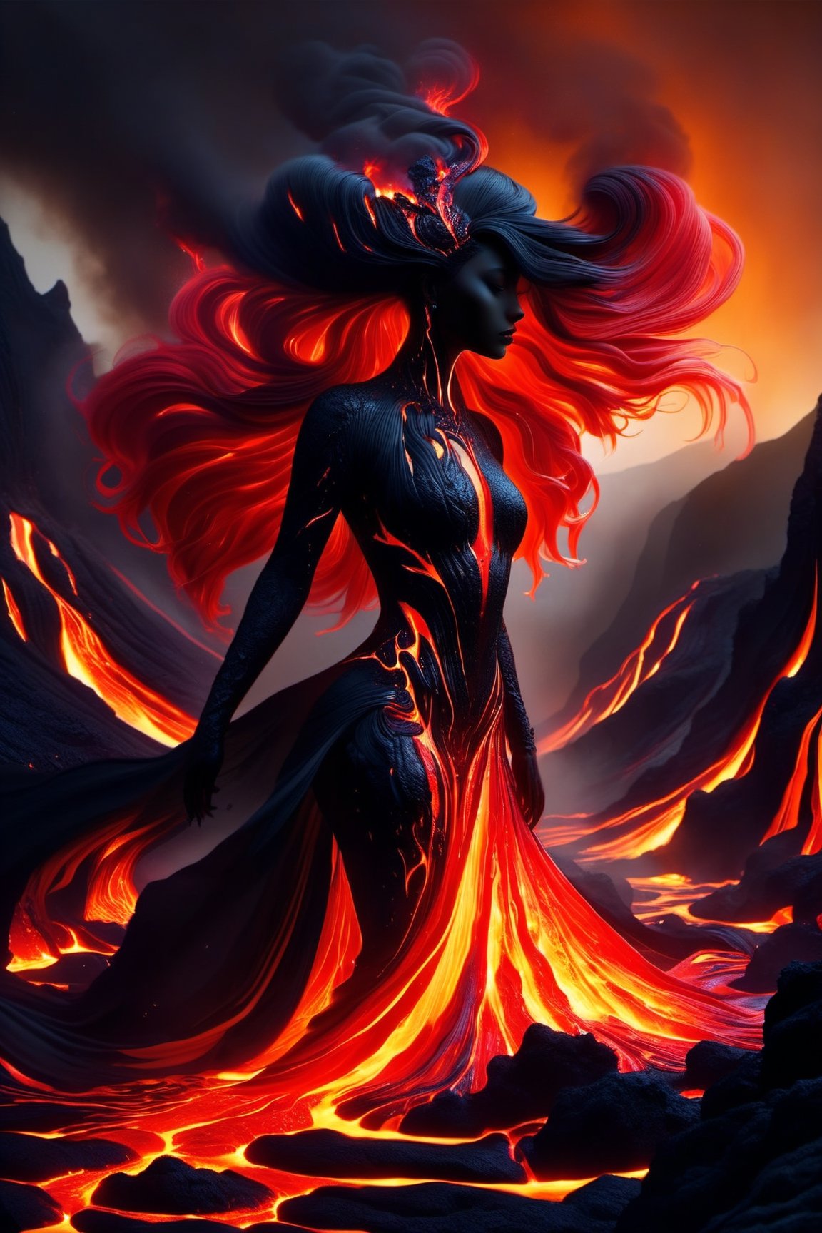 Dark fantasy surrealism :: ominous Inhuman Goddess made of molten lava :: cracks in the skin revealing a fiery glow, it looks rough and uneven, hard and brittle, her body is made of black rock with glowing red cracks :: her hair is like a stream of liquid lava, flowing down the back and dripping to the ground , molten_liquid_lava_hair dripping down :: she is crouching on a rocky surface, emerging from a volcanic eruption ::  rocky landscape with a fiery sky, lava flows and smoke, warm colors :: fiery and intense mood, dark and ominous mood :: lit from below, creating a sense of drama and intensity, illuminated by the fire and the smoke :: dynamic and powerful composition, imposing :: high level of detail, focus on the figure, background out of focus, epic dof :: fantasy art, gothic art, cgsociety :: lava and fire goddess made of black rock and flames,Decora_SWstyle,ral-lava