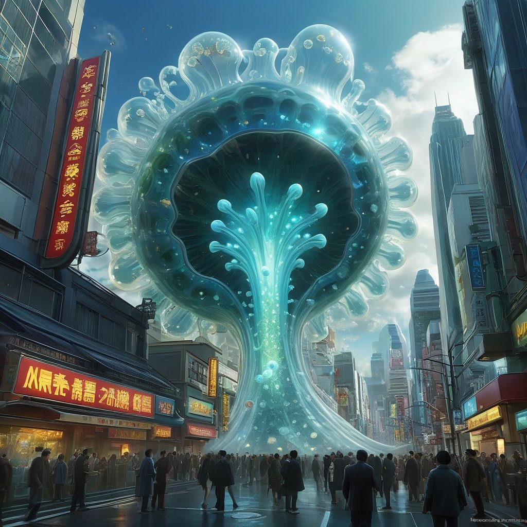 digital illustration, Transparent Amoeba, fun action scene of epic kaiju-sized amoeba attacking futuristic cyberpunk tokyo, gigantic transparent clear amoeba with glowing organelles, amoeba trying to absorb and eat a building, people panicking and escaping, science fantasy painting, cell biology, 3 d animated movie, by Lawrence Harris, inspired by Todd Lockwood, artist impression, antibodies, by Galen Dara, jaime jasso, intensely beautiful image, marc _ simonetti