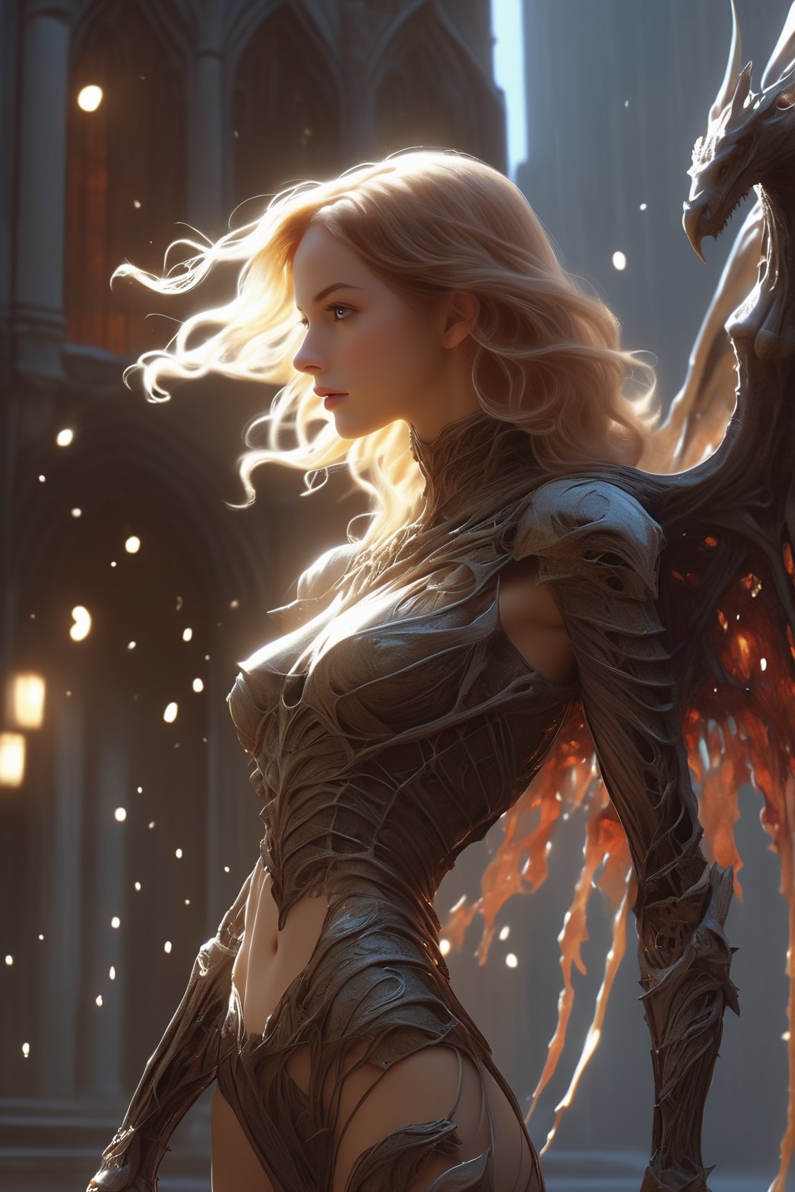 "Dark romance fantasy, close up of a woman with sword wearing dragon bone armor standing above a city, an army looking up at her, embers", bones, ribcage style armor, eldritch, dracolich-like armor, wavy golden dark blonde hair, Masterpiece, Intricate, Insanely Detailed, Art by lois van baarle, todd lockwood, chris rallis, anna dittmann, Kim Jung Gi, Gregory Crewdson, Yoji Shinkawa, Guy Denning, smooth, natural Chiaroscuro, subsurface scattering vfx, actionpainting, best quality, smooth finish, masterpiece,DracolichXL24,art_booster,LegendDarkFantasy,ellafreya,renny the insta girl,real_booster,oil paint 