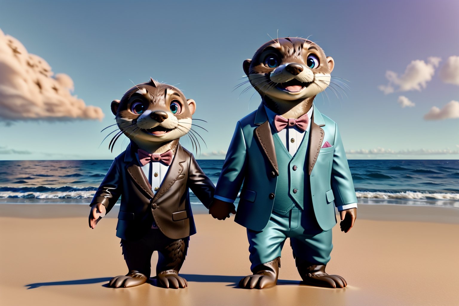 Ultra-realistic 3D Pixar style, cute Disney cartoon style, (((sea otter father and mother and boy))), sea otter family, three sea otters, walking in the beach, holding hands together, father otter wearing suits, boy otter wearing baby clothe, mother otter wearing dress, ultra realistic, 3D rendering, 16k UHD, photoshoot, 3D rendering, cinematic, photo, ,Animal, ((cute:1.2)), big eyes, 