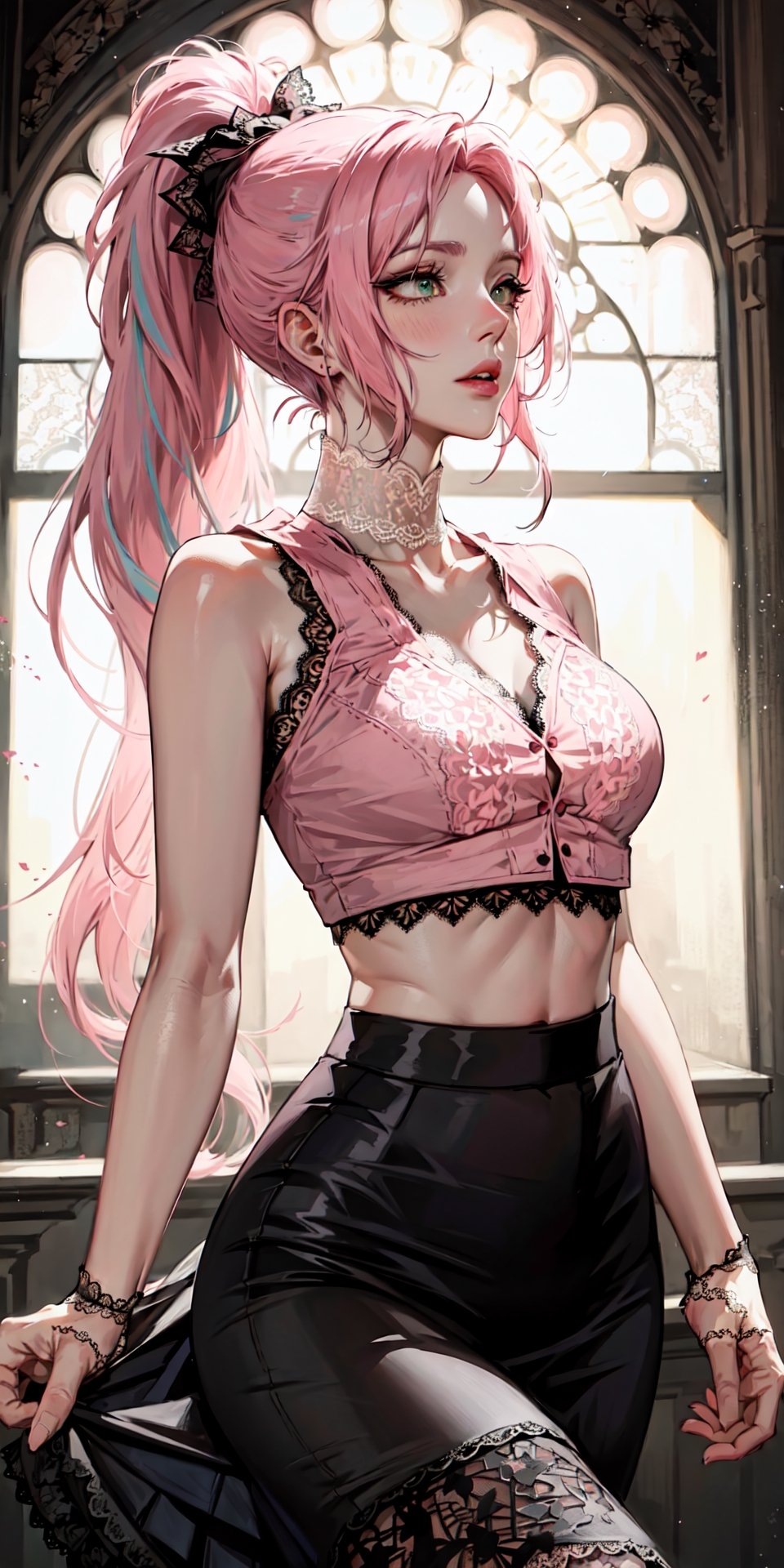 (masterpiece:1.2, best quality), (Highres), 4K, 8K, Detailed Illustration, Ultra-Detailed,  sexy mature, (((pink_hair, long hair, ponytail))), ((green eye)), cute face,  (((perfect body))), polished bold lip color, minimalistic jewelry, in the church, (wearing: (Romantic_lace_top:1.5),(Flowy_maxi_skirt:1.4)), High detailed 