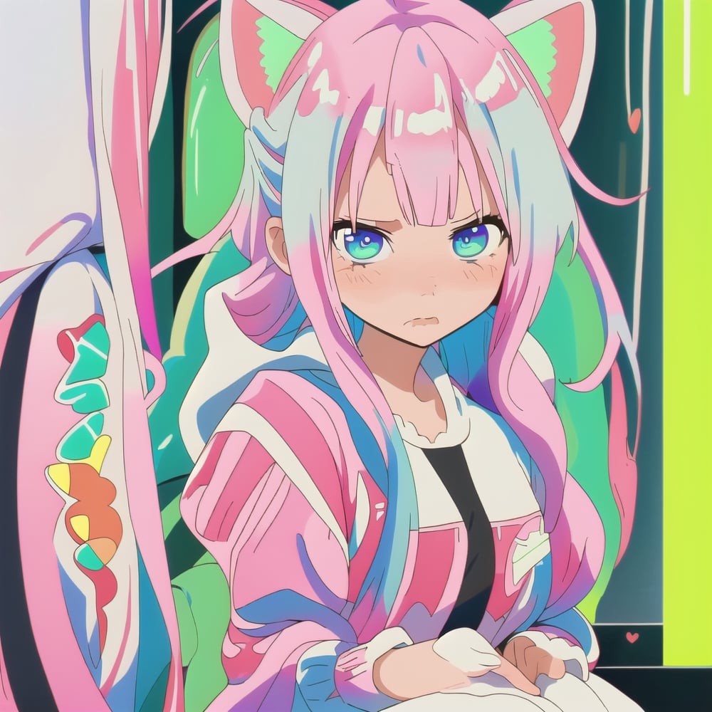 Kawaii little girl, black hoodie with butterflies on, palstel color hair, fluffy cat ears, bows in hair, hearts at the background, hairpins, neon green sneakers, Kanna Kamui ,pastel colors,shikimorisan