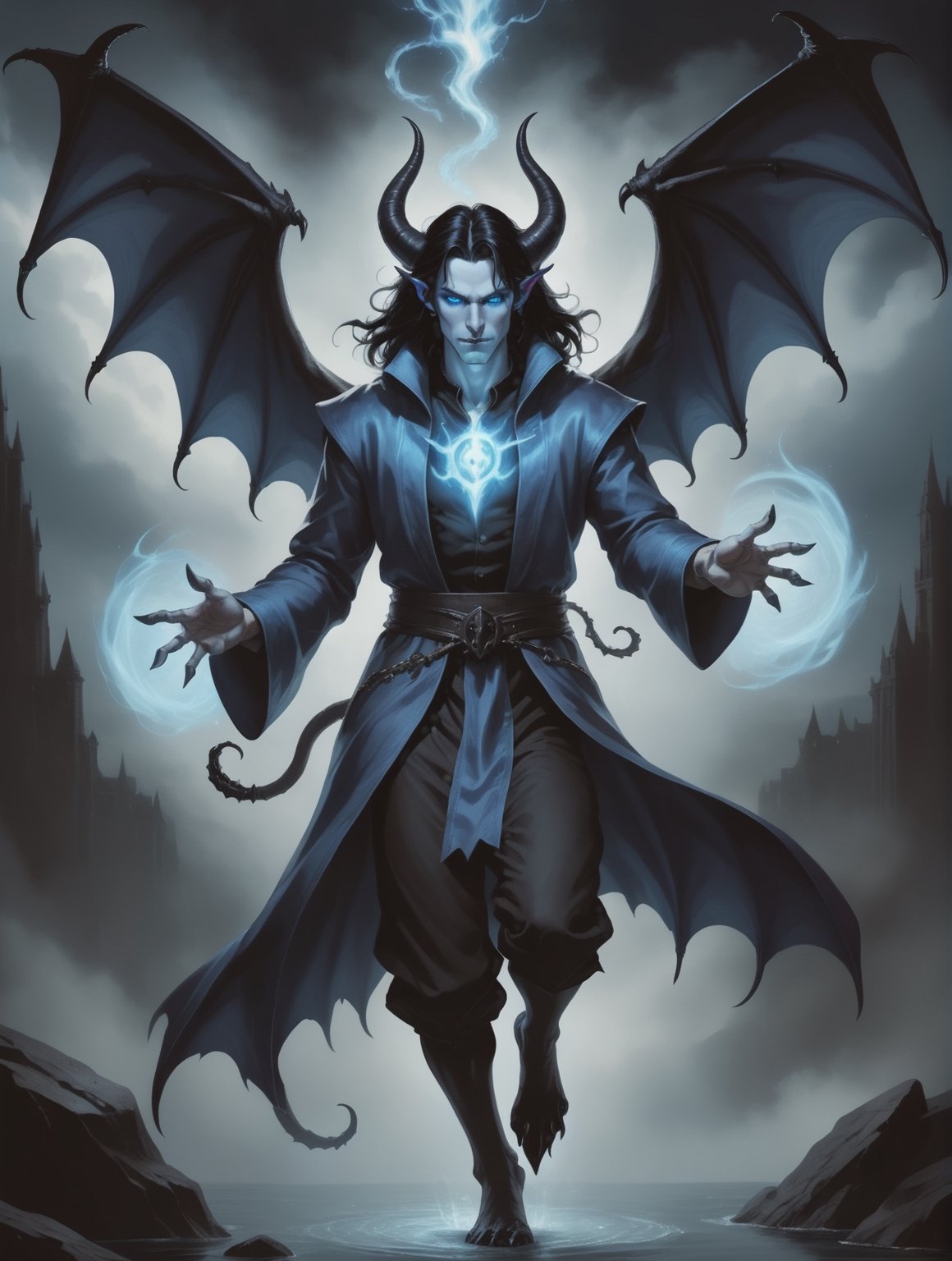 In this magical image of a male warlock, we see a handsomely dark and mysterious teenager with long black hair, pale blue skin, devil horns, and piercing glowing blue eyes. His blue robes billow around him as he soars through the mid-air using his demon-like wings. The warlock's striking features include sharp fangs, devil horns protruding from beneath his dark hair, and a captivating eldritch presence. Bathed in a mystical glow, the image portrays him floating effortlessly, showcasing his mastery of witchcraft and arcane arts. The full-bodied depiction, perhaps a painting, exudes a sense of high-quality artistry, capturing the mesmerizing allure of this supernatural being.


,High detailed ,IncrsAprobMeme,monster