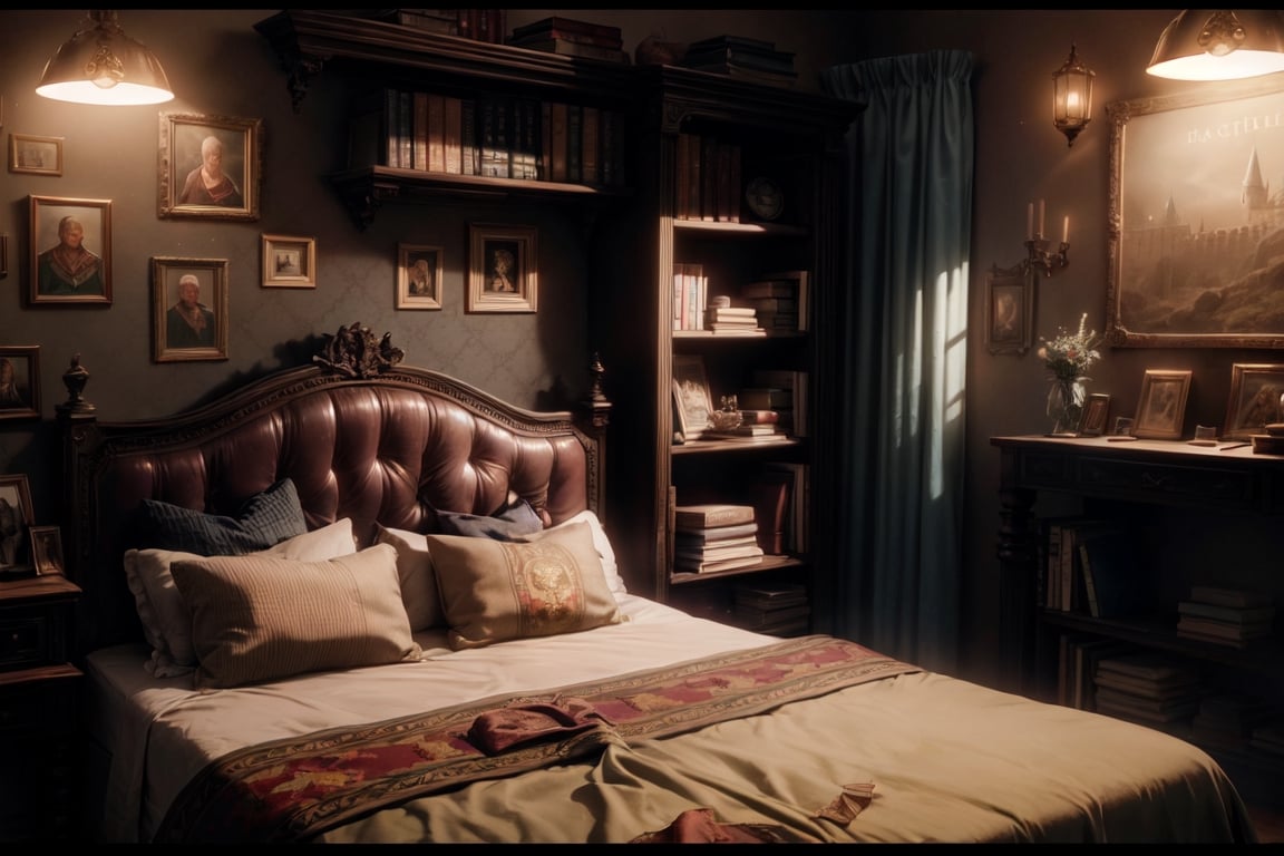 Cinematic photo, 35mm photograph, film, bokeh, professional, 8k, highly detailed, Night scene, Hogwarts bedroom at night, late night, luxury bed, gryffindor, highly detailed, lots of little things, traces of the tenant's presence, books, soft lightning,  