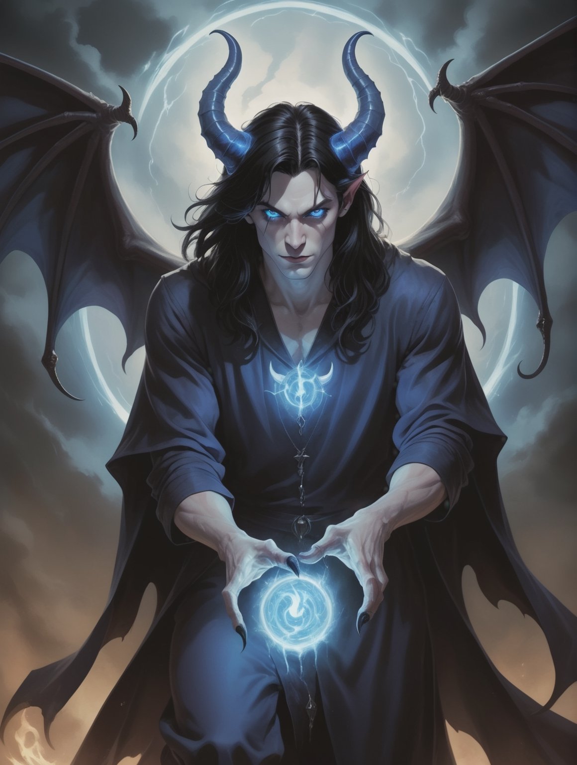 In this magical image of a male warlock, we see a handsomely dark and mysterious teenager with long black hair, pale blue skin, devil horns, and piercing glowing blue eyes. His blue robes billow around him as he soars through the mid-air using his demon-like wings. The warlock's striking features include sharp fangs, devil horns protruding from beneath his dark hair, and a captivating eldritch presence. Bathed in a mystical glow, the image portrays him floating effortlessly, showcasing his mastery of witchcraft and arcane arts. The full-bodied depiction, perhaps a painting, exudes a sense of high-quality artistry, capturing the mesmerizing allure of this supernatural being.


,High detailed ,IncrsAprobMeme,monster