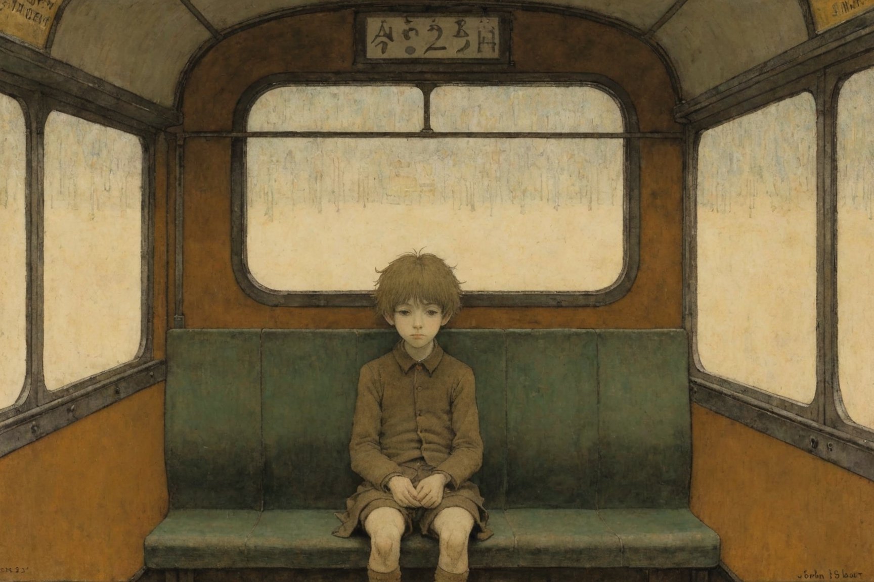 a boy sitting in a bus,by John Bauer, GHIBLI, Henri Le Sidaner, delicate atmosphere, muted color, pastel painting