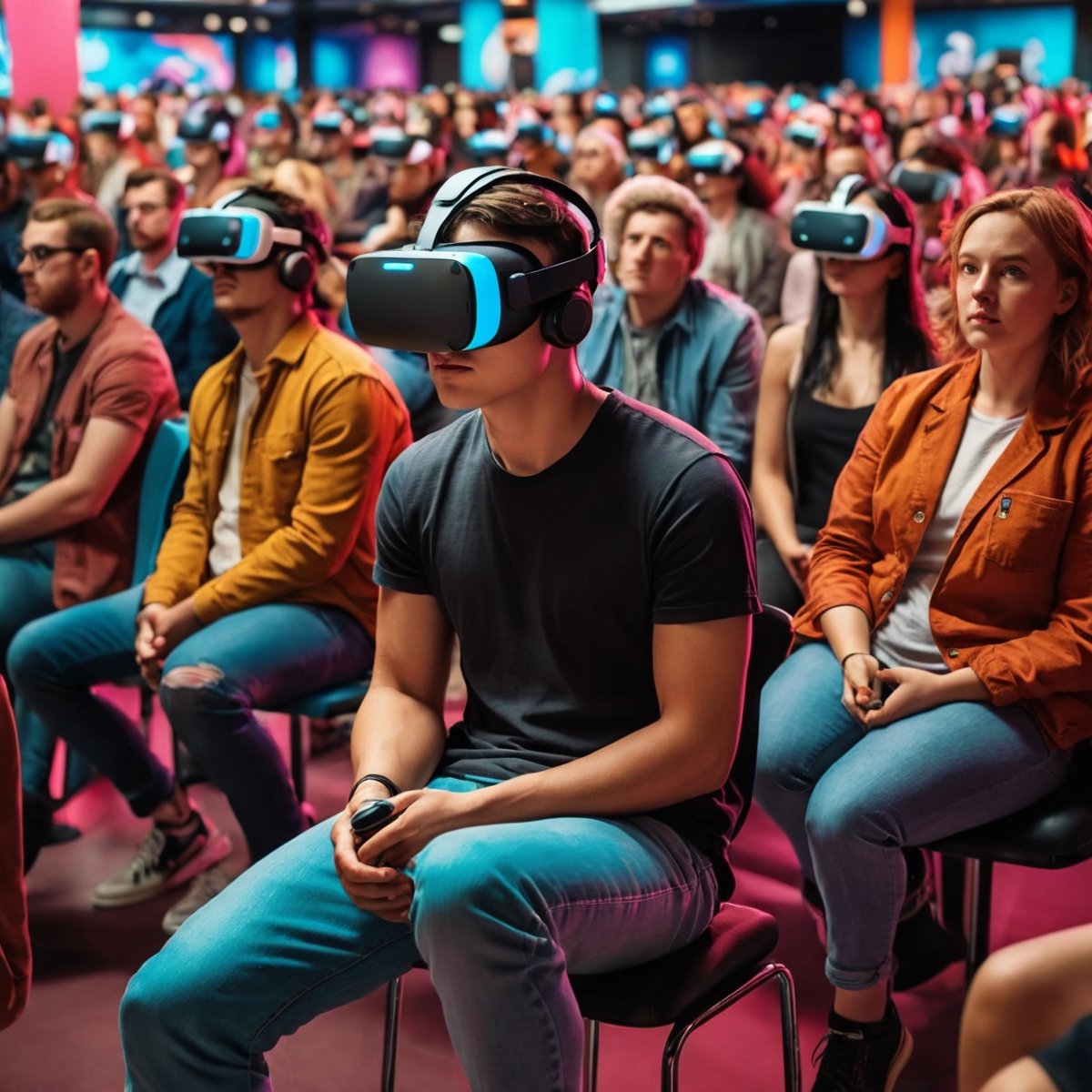 a person wearing a VR headset, sitting in a crowded public space. vibrant colors  yet the person appears disconnected and alone, highlighting the irony of loneliness in the digital age