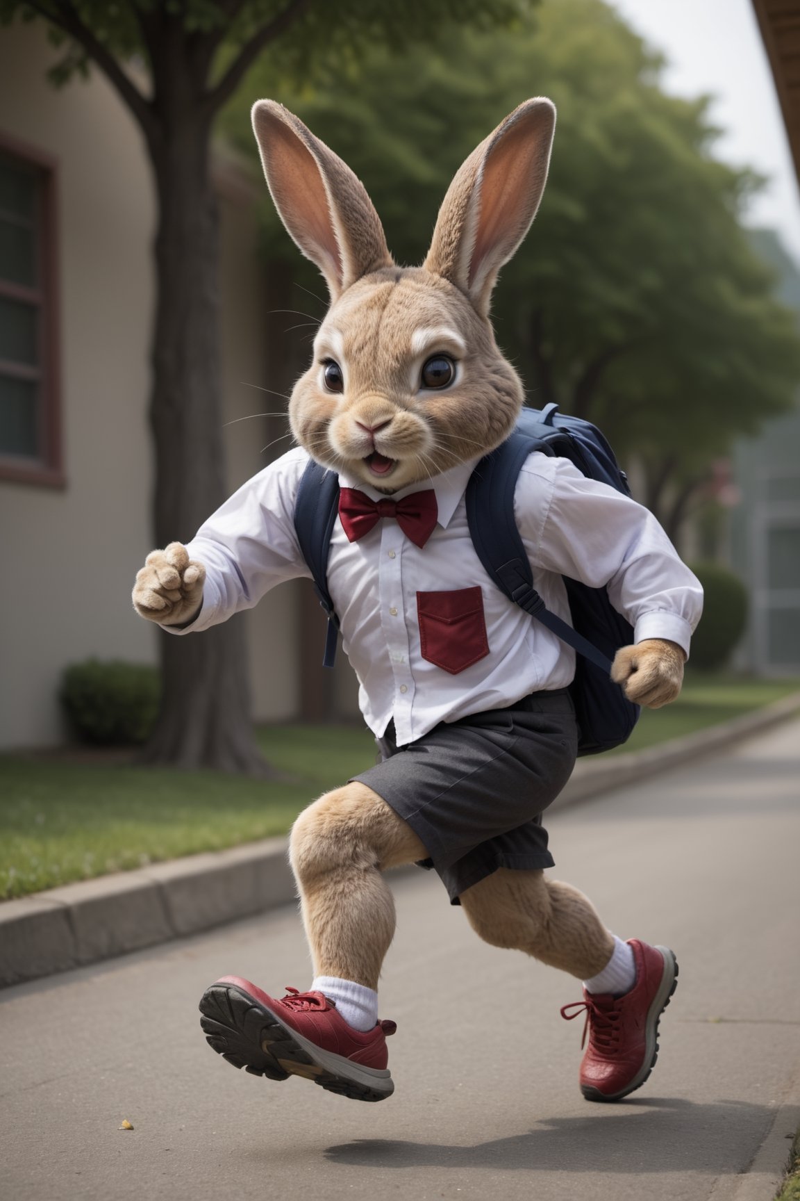 close up of little bunny student, running to school, rabbit foot