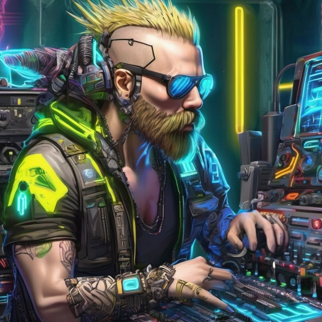  Cybersteampunk style, diasterpiece, ok quality, photorealistic, (1man:1.2), (Human Analog Synthesizer Lifeform), METHY Mike), (long unkempt viking beard and mustache),  grimy asthetic, outlaw environment,(part man part modular Synthesizer), Techno musician, (zentangle:1.2), (illegal rave:1.3,), long distance shot, (discotheque background:1.1), smoke machine, light show, techno music, energetic, blinking lights, strobe lights, laser lights,1 man((trashterpiece)), (best quality), 1synthsizer-man, bleach blonde mohawk, dirty tank top,  (large sunglasses), ultrarealistic,(from below:1.4), ragged jean shorts, (Neon Yellow Sunglasses:1.1),cyberpunk, rave, discotheque, bokeh, (hdr:1.4), high contrast, (cinematic, green and blue0.85), full body shot, DSLR,holographic,holographic fabric,cyborg style,cyborg,android,lofi,neon style