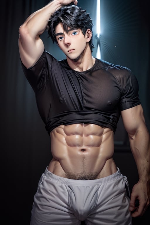 masterpiece, best_quality, 1_handsome_guy, blue_eyes, beautiful_face, piercing_blue_eyes, arrogant_look, black_hair, shirt_open, tie, athletic_fit, large_pectorals, fair_skin, toby_this_guy, thic_eyebrows, navel_hair, VPL, holding_a_katana, gothic_background,