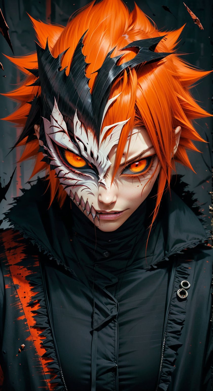 score_9, score_8_up, score_7_up, charcoal art, 1girl, a portrait vampire girl with scary face,hollow mask ichigo, colored sclera, black sclera, orange hair, looking at viewer, spiked hair, girl focus, solo, looking_at_viewer,CryingBlood,hollow mask ichigo