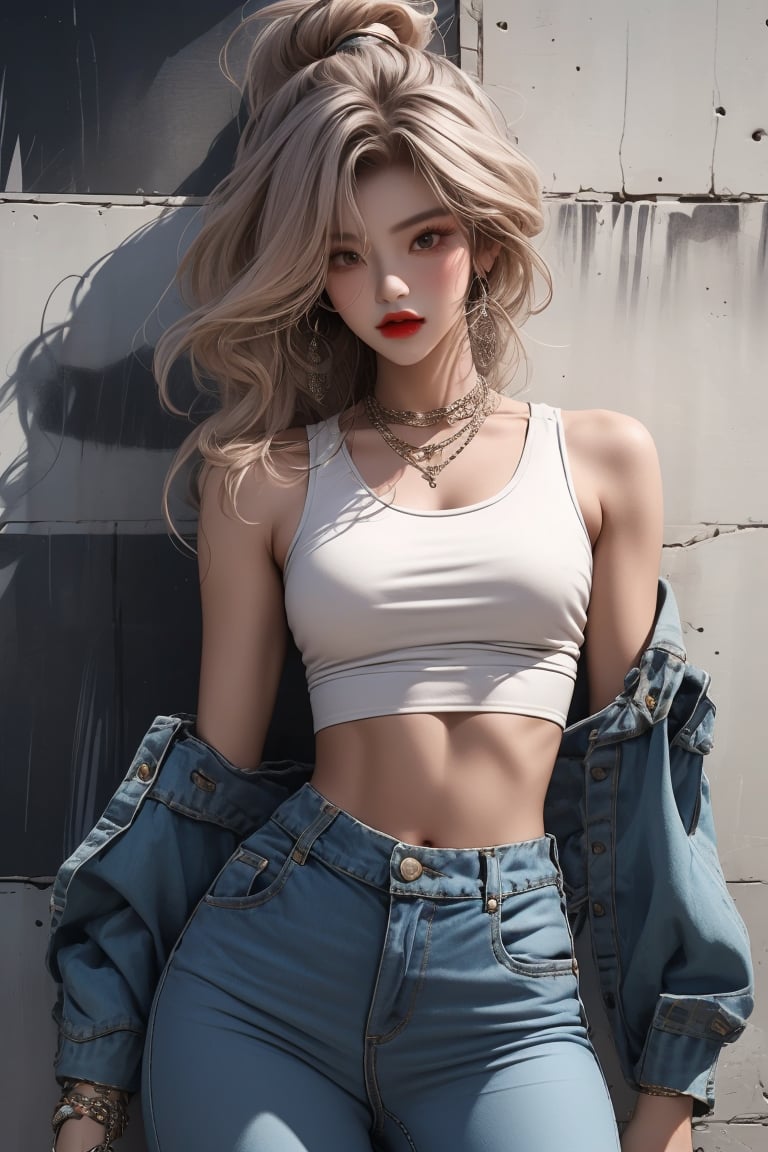  A beautiful girl with a slim figure is wearing a cool and laid-back hippie-style crop top and loose pants, street style clothing. Her toned body suggests her great strength. The girl is dancing hip-hop and doing all kinds of cool moves. Shot from a distance.,Sohwa,medium full shot