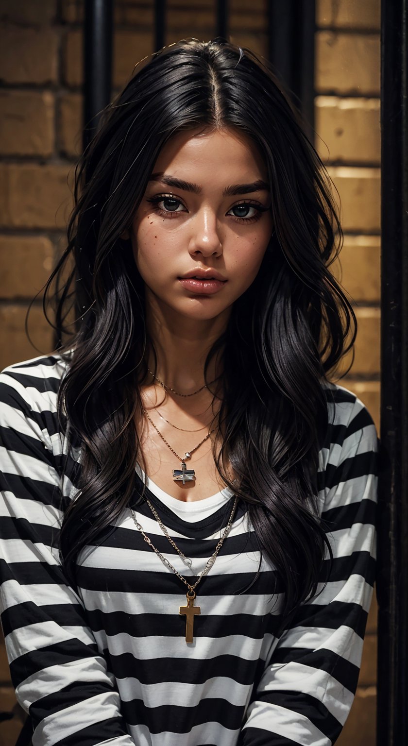 1girl, prisoner, solo, long hair, looking at viewer, shirt, black hair, long sleeves, jewelry, closed mouth, upper body, black and white striped prison T-shirt, necklace, hair over one eye, lips, wavy hair, messy hair, striped shirt, chain necklace, prison clothes