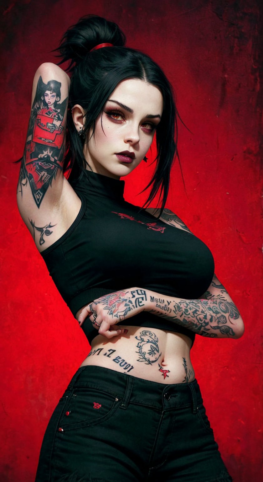 score_9, score_8_up, score_7_up, (midriff:1.2), charcoal art, 1girl, a portrait goth girl with natural face, black lips, (((hand on own arms))), red background, midriff, medium breasts, arm tattoo, neck tattoo, urban tech, looking_at_viewer