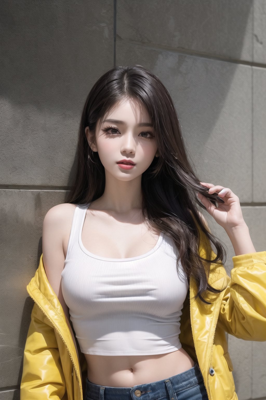 best quality, masterpiece, detailed, 16k, (color, colorful), (muted color, dim color), (noir), beautiful detailed face, beautiful detailed eyes, 8k, femalesolo, prefect body, prefect face, A korean cute girl, very fair skin tone, long white curly hair, red shiny lips((heavy lower lips)), ((yellow top with jacket and low rise shorts)), (newspaper wall background), sweet smile, Detailedface,pastelbg,newspaper wall, awsome pose,upper_body