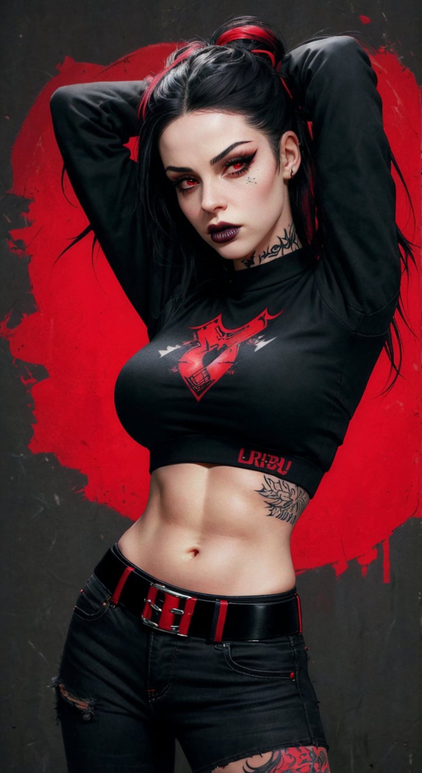 score_9, score_8_up, score_7_up, (midriff:1.2), charcoal art, 1girl, a portrait goth girl with natural face, black lips, (((hand on own arms))), red background, midriff, medium breasts, arm tattoo, neck tattoo, urban tech, looking_at_viewer