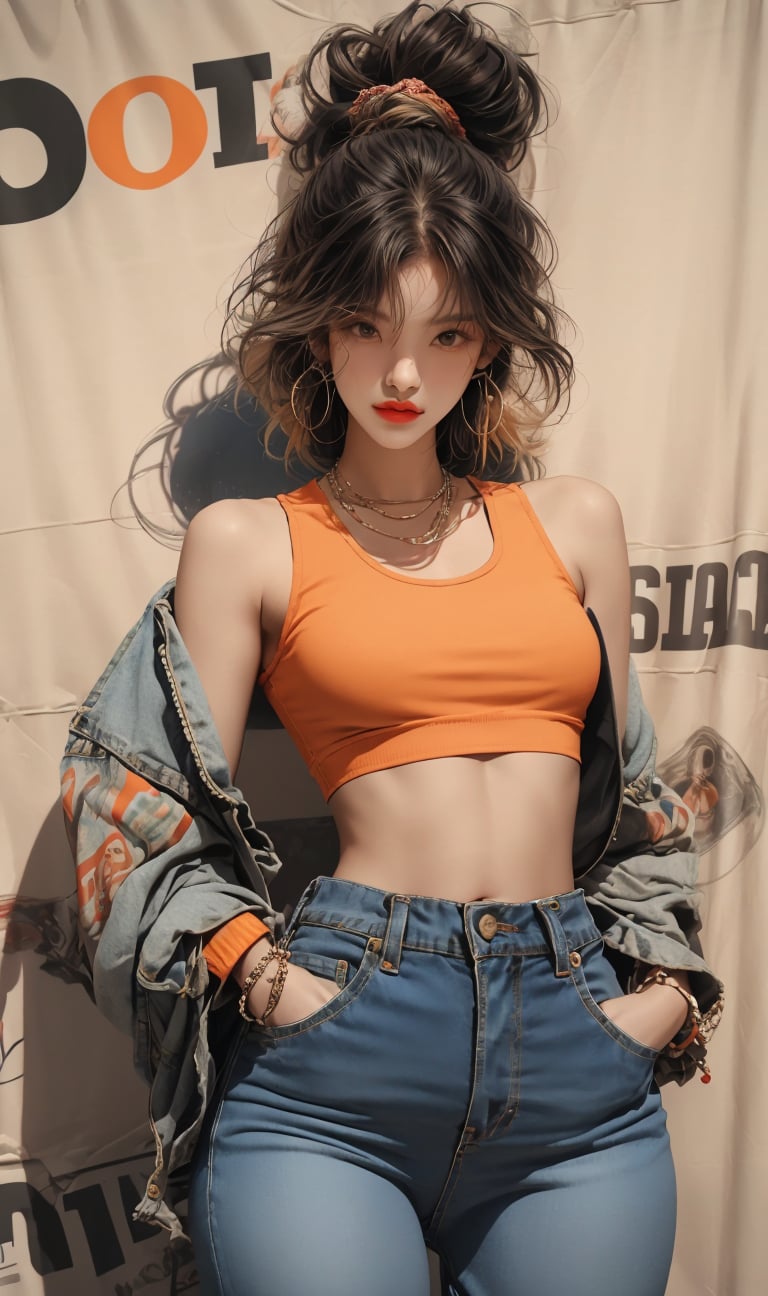  A beautiful girl with a slim figure is wearing a cool jacket and laid-back hippie-style orange crop top and loose pants, hip-hop style clothing. Her toned body suggests her great strength. The girl is dancing hip-hop and doing all kinds of cool moves. Shot from a distance.,Sohwa,medium full shot,Detailedface