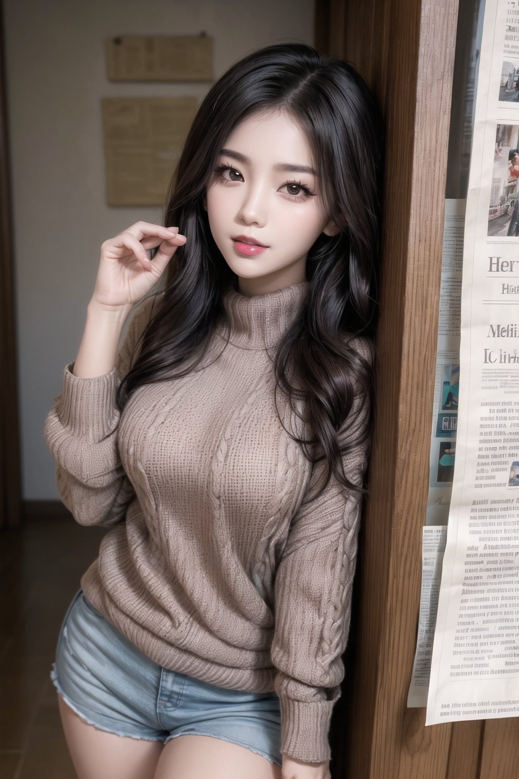 best quality, masterpiece, detailed, 16k, (color, colorful), (muted color, dim color), (noir), beautiful detailed face, beautiful detailed eyes, 8k, femalesolo, prefect body, prefect face, A korean cute girl, very fair skin tone, long white curly hair, red shiny lips((heavy lower lips)), ((brown long sweater)), (newspaper wall background), sweet smile, Detailedface,pastelbg,newspaper wall, awsome pose, medium full shot