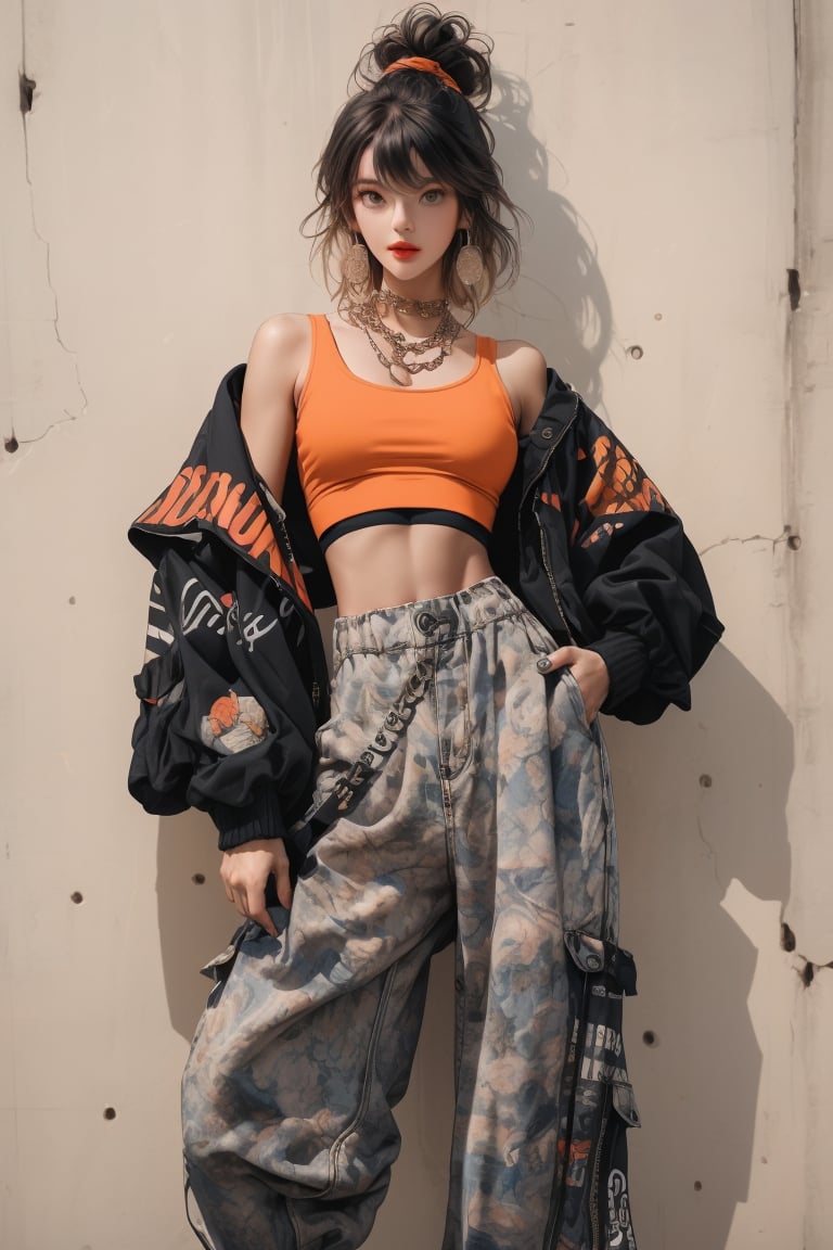  A beautiful girl with skinny body, sheis wearing a cool black jacket and  hippie-style orange crop top and baggy pants, sneakers, hip-hop style clothing. Her toned body suggests her great strength. The girl is standing and doing all kinds of photoshoot. Shot from a distance.,Sohwa,full shot,ground angel shot,pattern wall background