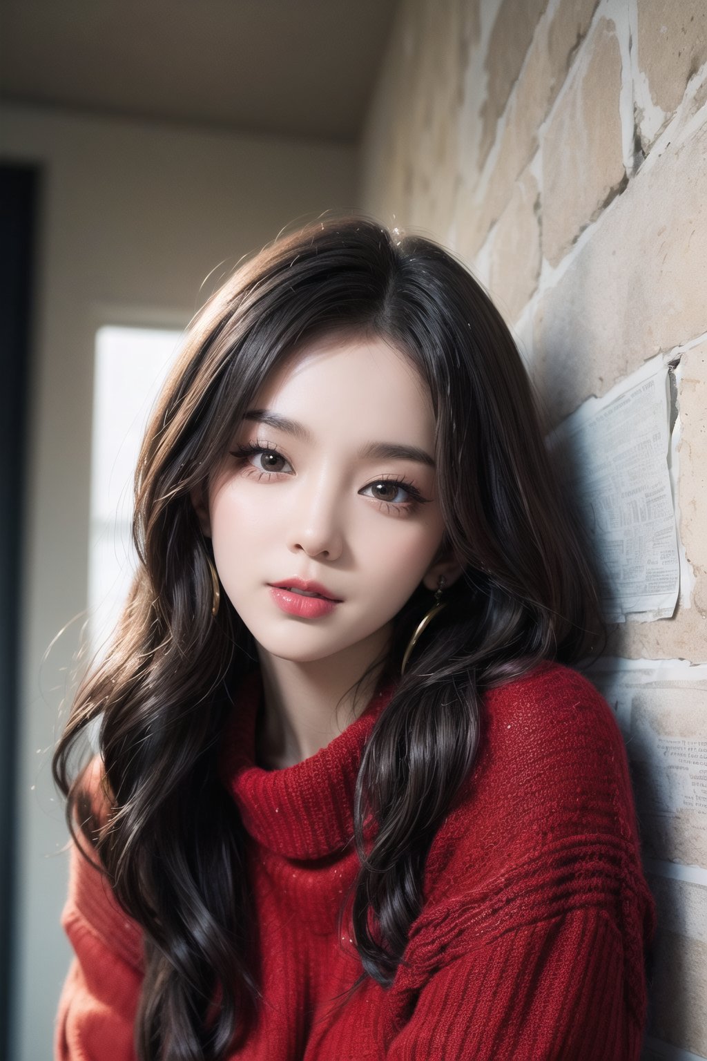 best quality, masterpiece, detailed, 16k, (color, colorful), (muted color, dim color), (noir), beautiful detailed face, beautiful detailed eyes, 8k, femalesolo, prefect body, prefect face, A korean cute girl, very fair skin tone, long white curly hair, red shiny lips((heavy lower lips)), ((red long sweater)), (newspaper wall background), sweet smile, Detailedface,pastelbg,newspaper wall, awsome pose, medium full shot