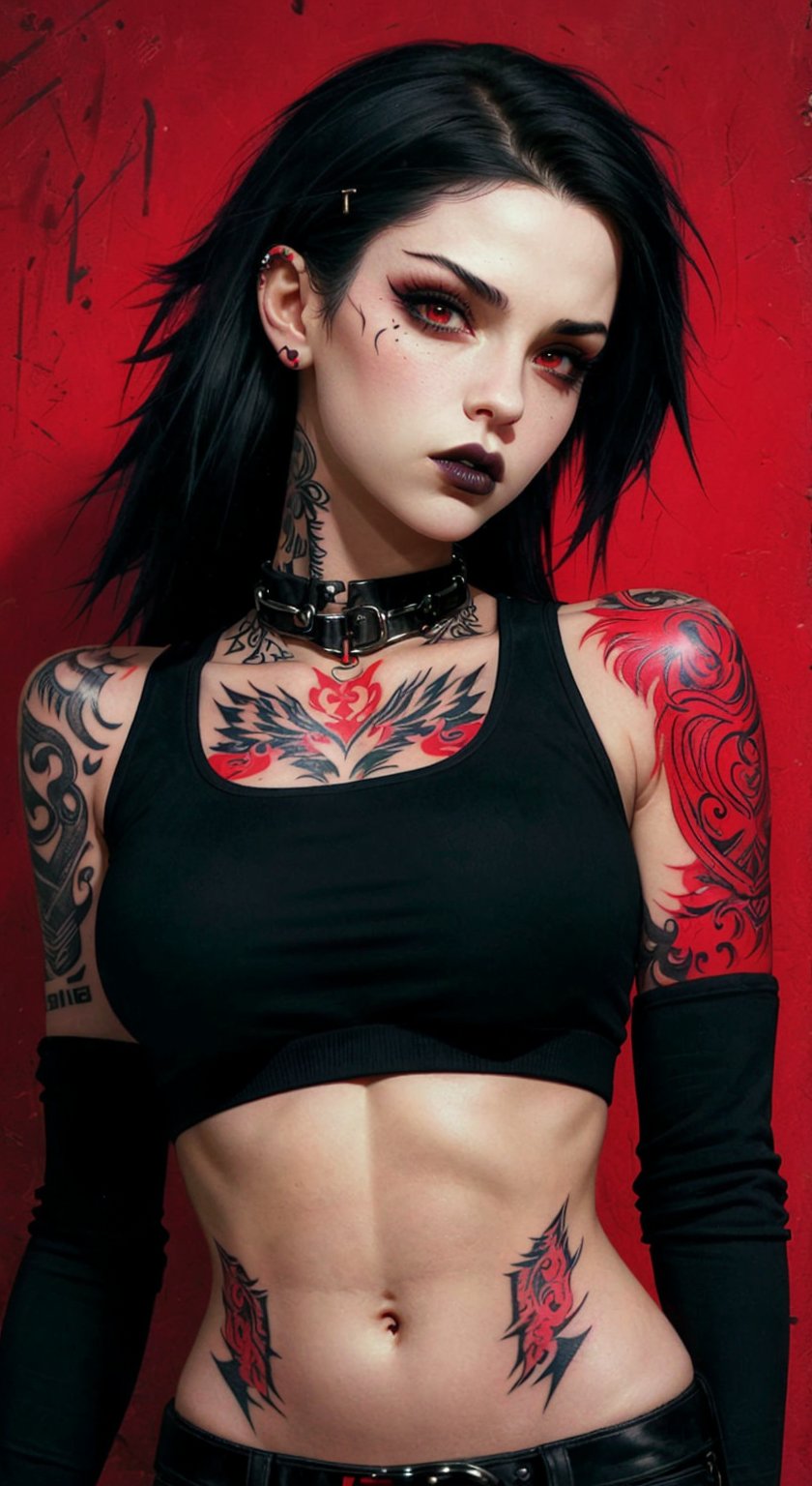 score_9, score_8_up, score_7_up, (midriff:1.2), charcoal art, 1girl, a portrait goth girl with natural face, black lips, (((hand punch own arms))), red background, midriff, medium breasts, arm tattoo, neck tattoo, urban tech, looking_at_viewer