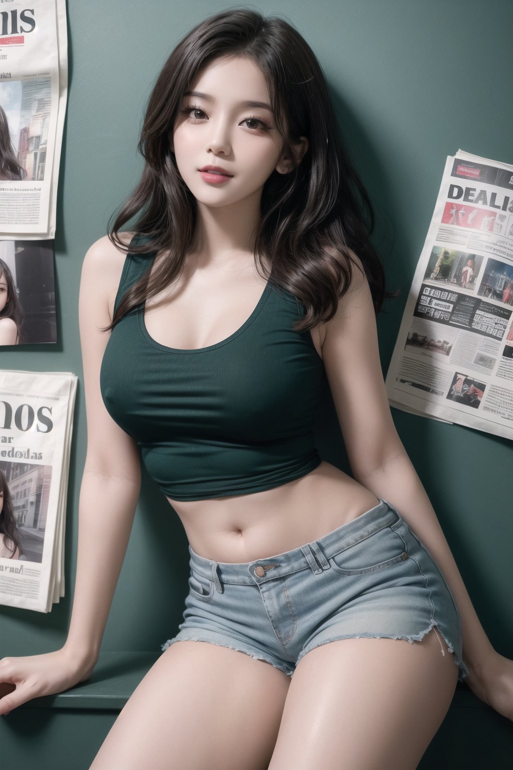 best quality, masterpiece, detailed, 16k, (color, colorful), (muted color, dim color), (noir), beautiful detailed face, beautiful detailed eyes, 8k, femalesolo, prefect body, prefect face, A korean cute girl, very fair skin tone, long white curly hair, red shiny lips((heavy lower lips)), ((green tank top and low rise shorts)), (newspaper wall background), sweet smile, Detailedface,pastelbg,newspaper wall, 