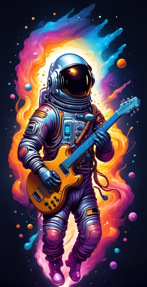 a man in a space suit playing a guitar, music symbol flying surround, inspired by Cyril Rolando, shutterstock, highly detailed illustration, full color illustration, very detailed illustration, dan mumford and alex grey style,tshirt design