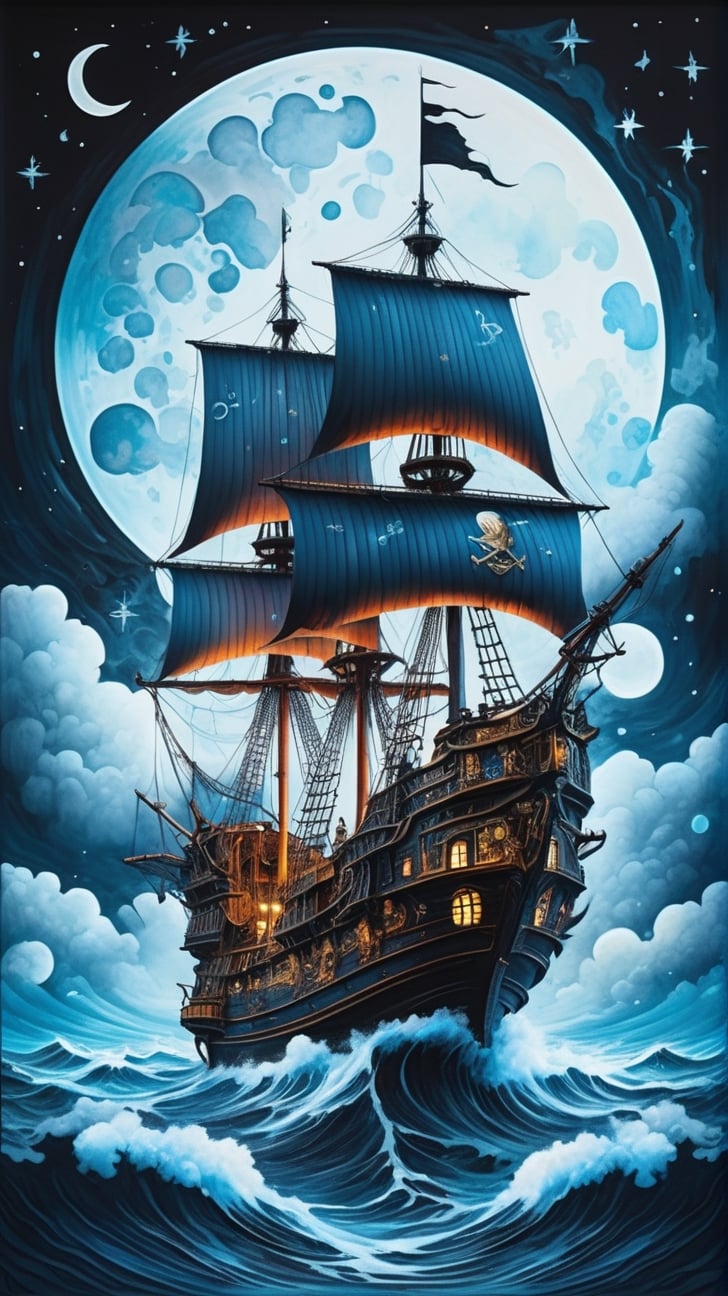 Best quality, high-res, full body portrait of a chibi greeble a pirate ship sails across moonlit seas, clouds, moon, stars, ghoulpunk, dynamic pose, dark synth, seeBlack ink flow: 8k resolution photorealistic masterpiece: by Aaron Horkey and Jeremy Mann: intricately detailed fluid gouache painting: by Jean Baptiste Mongue: calligraphy: acrylic: watercolor art, cinematic lighting, maximalist photoillustration: by marton bobzert: 8k resolution concept art intricately detailed, complex, elegant, expansive, fantastical, psychedelic realism, dripping paint, centered image, ultra detailed illustration, posing, (tetradic colors), whimsical, enchanting, fairy tale, (ink lines:1.1), strong outlines, art by MSchiffer, bold traces, unframed, high contrast, (cel-shaded:1.1), vector, 32k resolution, best quality, flat colors, flat lights. Art and mathematics fusion, hyper detailed, trending at artstation, sharp focus, studio photography, intricate detail, highly detailed, centered, perfect symmetrical,Monster