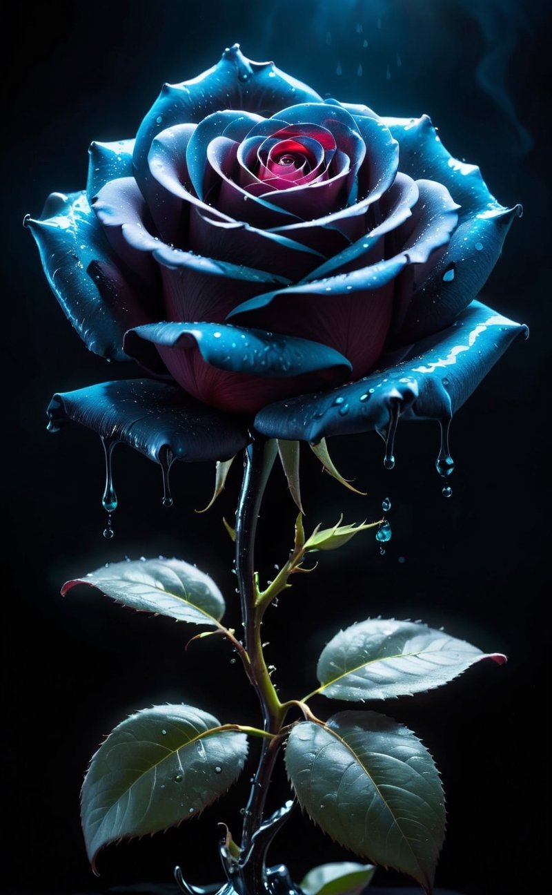 An ominous, bioluminescent rose unfurls its sinister, blackened petals. They exude toxic, glowing radiance, dripping with viscous goo, while dark energy oozes from within.