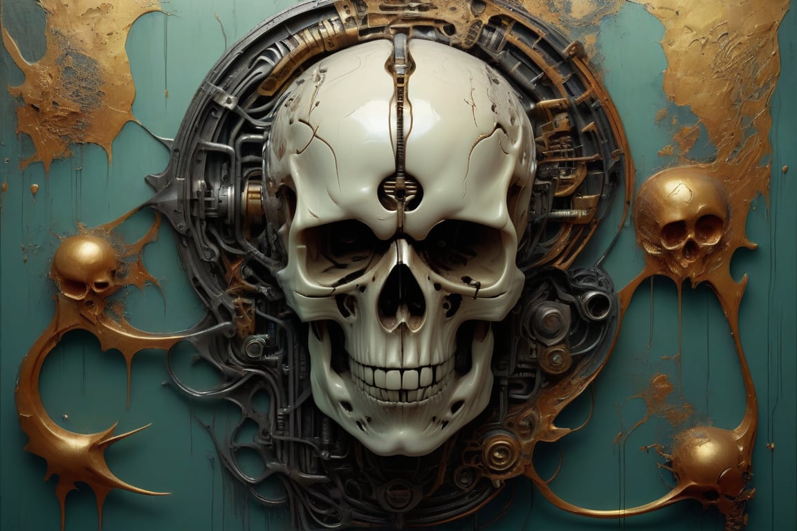 symmetrical and frontal portrait of a skull, front and semi-symmetrical, Focus on a human skull, A portrait of a skull, moebius style illustration, human skull as a trophy hanging on a wall, aesthetic, score_9, score_8_up, score_7_up, lPortrait, Only part of the skull, A biomechanical human skull in the style of H.R. Giger, skull attached to cyberpunk biomechanical machine, skull embedded in a biomechanical machine, suspended and welded to a biomechanical wall, characteristic of H.R. Giger, its shape is a hypnotic fusion of a biomechanical human skull of a human being in the style of H.R. giger, an ominously intricate machine, parts of the crane subtly morph into cold yet complex metallic contours, dark environment with fog, Human skull subtly attached and fused to the biomechanical environment, biomechanical pipes, water vapor and fog surround her, horror atmosphere, slimy slime drips from her body, alien style 1979

legendofnerd style, simple BREAK background, diagonal abstract structure on the background. add text as artist signature "Drauka"

color pencil, sketch, painting, paper texture, art_solyanka, SKP-highly detailed, SamYoung_Illustration