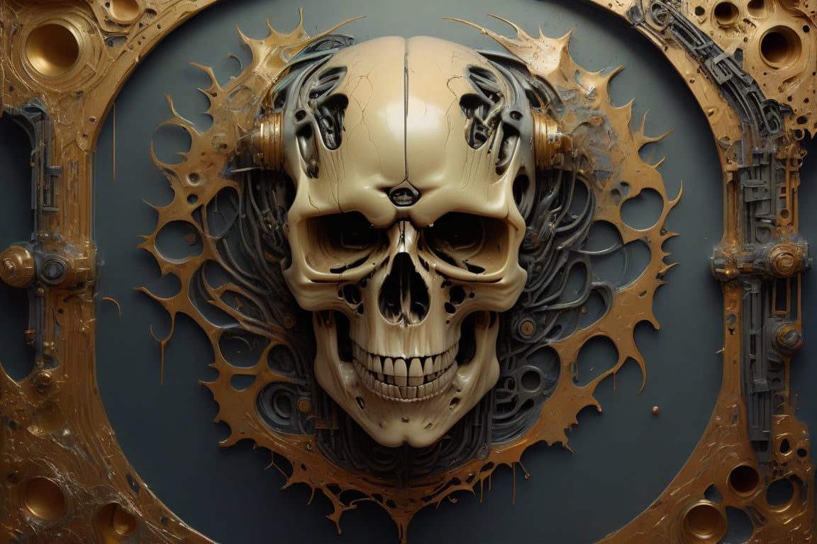 symmetrical and frontal portrait of a skull, front and semi-symmetrical, Focus on a human skull, A portrait of a skull, moebius style illustration, human skull as a trophy hanging on a wall, aesthetic, score_9, score_8_up, score_7_up, lPortrait, Only part of the skull, A biomechanical human skull in the style of H.R. Giger, skull attached to cyberpunk biomechanical machine, skull embedded in a biomechanical machine, suspended and welded to a biomechanical wall, characteristic of H.R. Giger, its shape is a hypnotic fusion of a biomechanical human skull of a human being in the style of H.R. giger, an ominously intricate machine, parts of the crane subtly morph into cold yet complex metallic contours, dark environment with fog, Human skull subtly attached and fused to the biomechanical environment, biomechanical pipes, water vapor and fog surround her, horror atmosphere, slimy slime drips from her body, alien style 1979

legendofnerd style, simple BREAK background, diagonal abstract structure on the background. add text as artist signature "Drauka"

color pencil, sketch, painting, paper texture, art_solyanka, SKP-highly detailed, SamYoung_Illustration