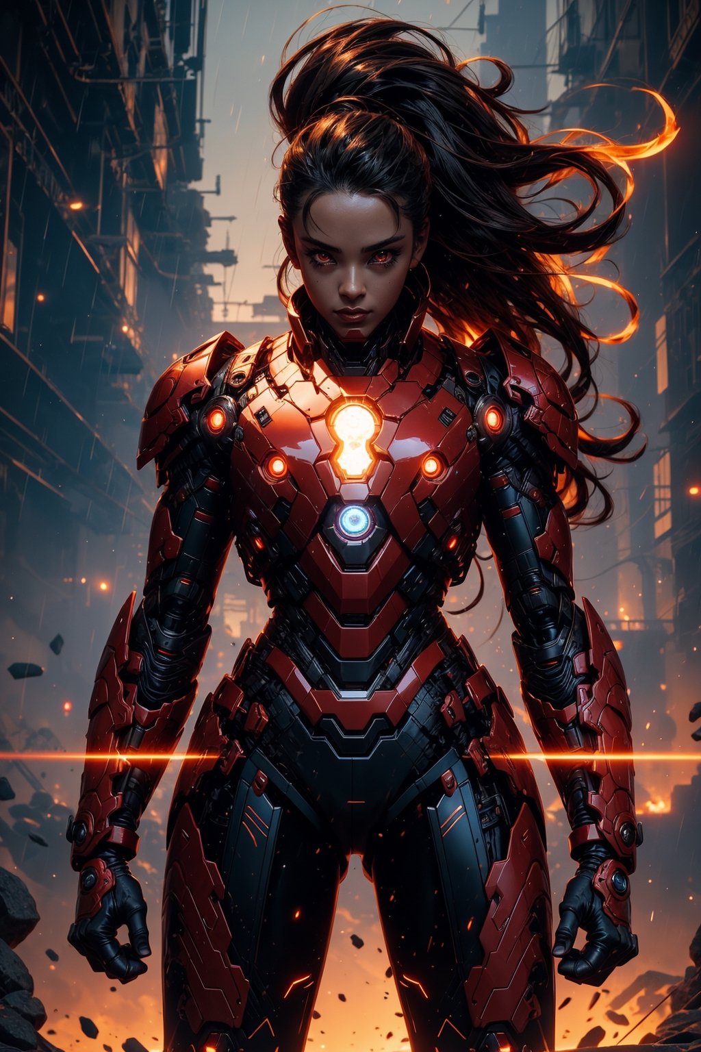 Cyberpunk iron man, fire-around, rocks, ruins, red-eyes, eyes-glowing, top hat, rain-fire, fire around her, epic anime art, thin waist, beautiful figure, wide hips, sexy, teen, belts, holster, crop top, (best quality, ultra quality), detailed face, detailed eyes, cute eyes, perfect lighting, HD, 8k, glossy skin, masterpiece, digital art, intricate details, highly detailed, volumetric lighting, background detiled, ue5, unreal engine 5, artstation, trending on artstation, post processing, line art, tiny details, colorful detailed illustration, outer_space 1960s, cinematic, multiple light sources, sunset,r1ge,Mecha warrior