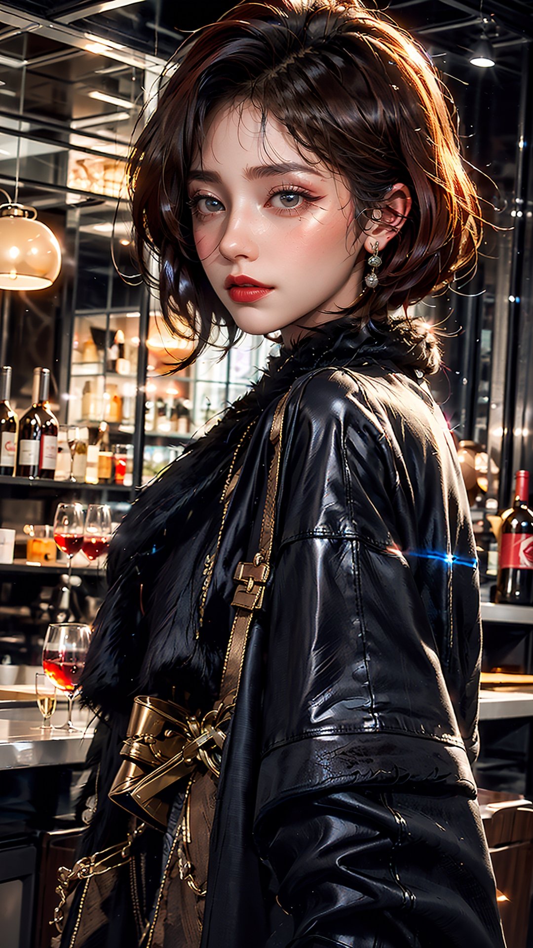 masterpiece,High definition,high resolution,best quality,glossy and clean skin,natural skin texture,soft light,face focus,short hair,red dyed hair,High detailed ,more detail,black luxurious fur coat,midjourney,Robocap,wine bar