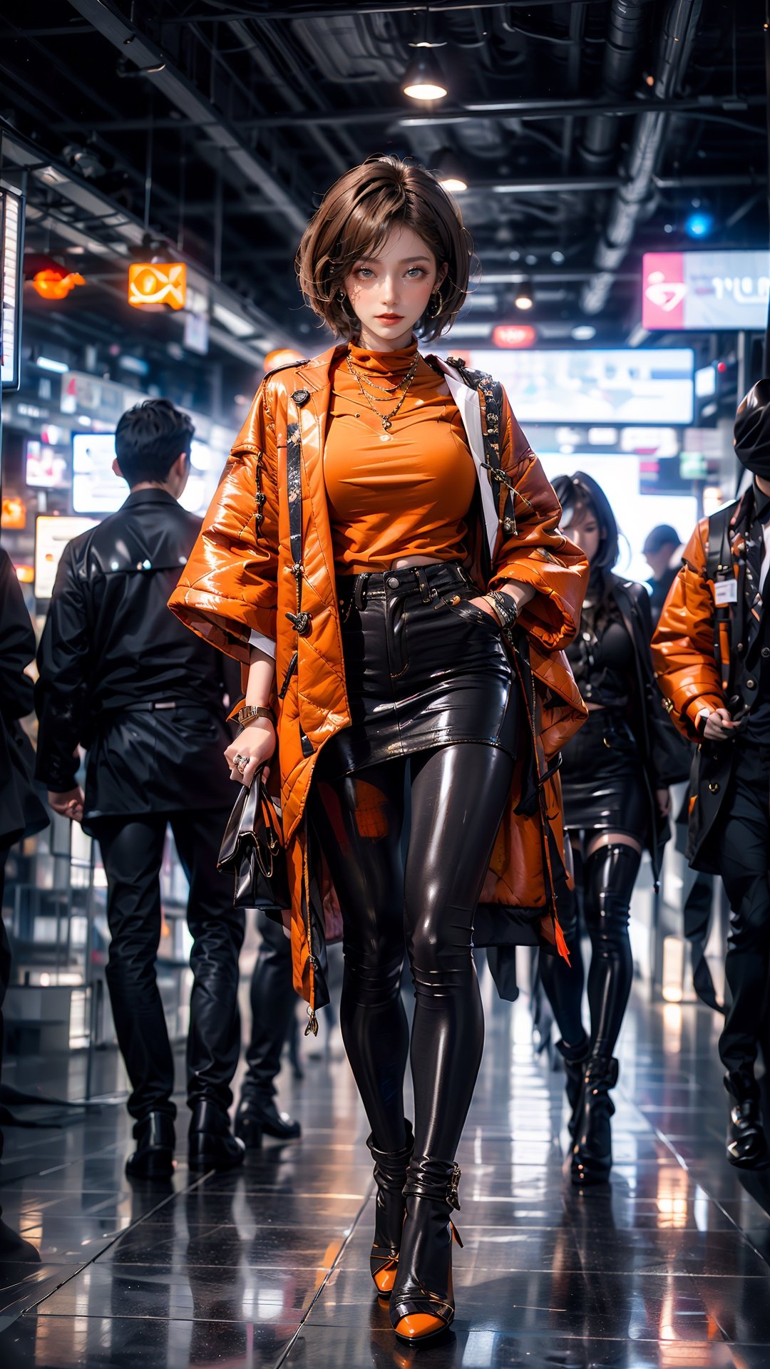 masterpiece,High definition,high resolution,best quality,glossy and clean skin,natural skin texture,soft light,girl focus,short hair,Orange dyed hair,High detailed ,more detail,luxurious fur coat,high heels,full body shot,midjourney,Robocap