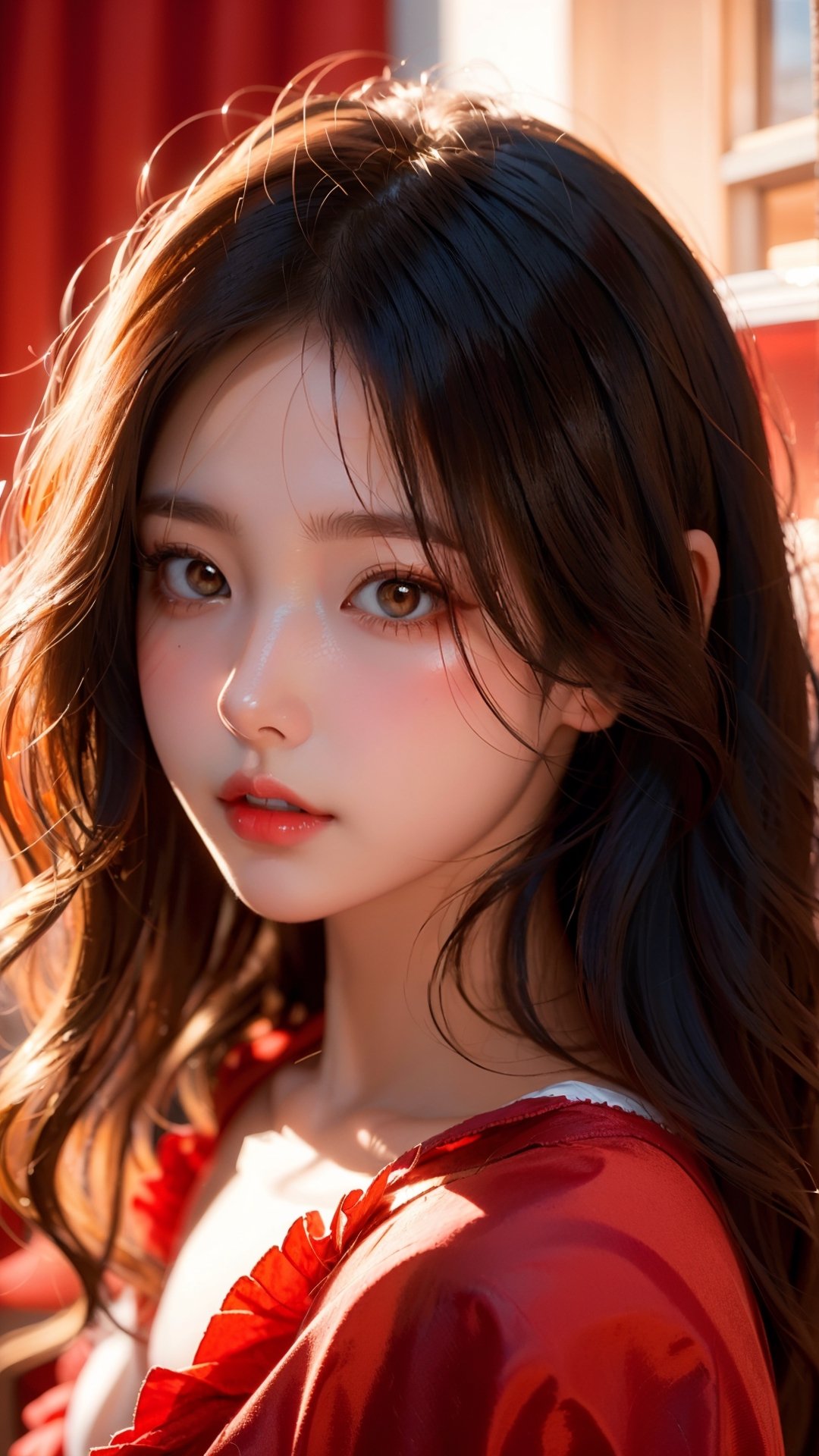 ((masterpiece)),((best quality)),1girl,beautiful face,soft light,sharp,natural skin texture,(luxurious and elegant),black long hair,high detail,face focus,Jihye,make_up,looking_at_viewer,1 girl,Illustration,blouse,frill dress,(red dyed hair)