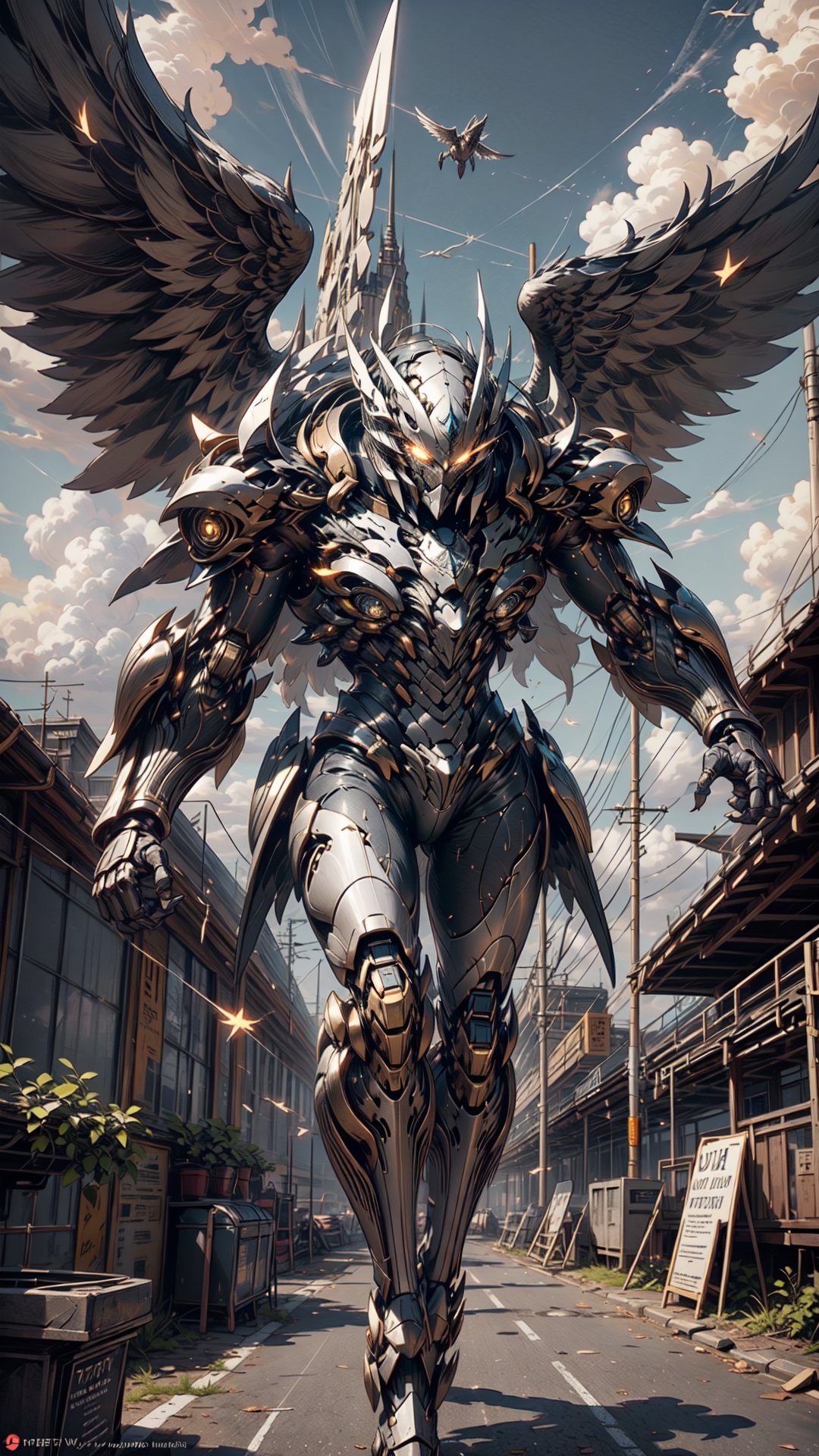 (ultra detailed),Best illustration,Indirect lighting,(black wings),(flying in the sky),armor, glowing eyes, mecha, large wings