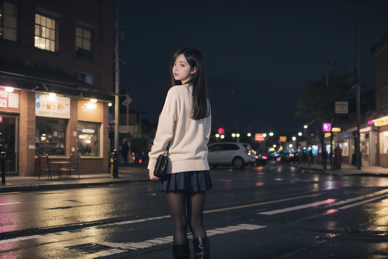 1girl, black hair color, long straight hair, slender body,medium breasts, leaf, silent street at night, (upper body: 1.2), (left rear view: 1.2), long cardigan, black pantyhose, short ankle boots, long pantskirt, raining, looking to the side,