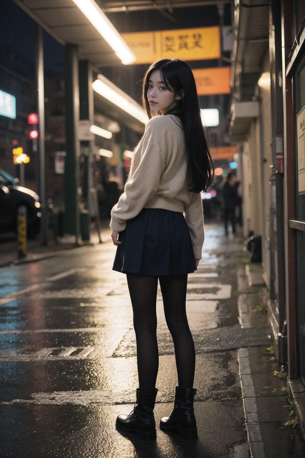 1girl, black hair color, long straight hair, slender body,medium breasts, leaf, silent street at night, (upper body: 1.2), (left rear view: 1.2), long cardigan, black pantyhose, short ankle boots, long pantskirt, raining, looking to the side,