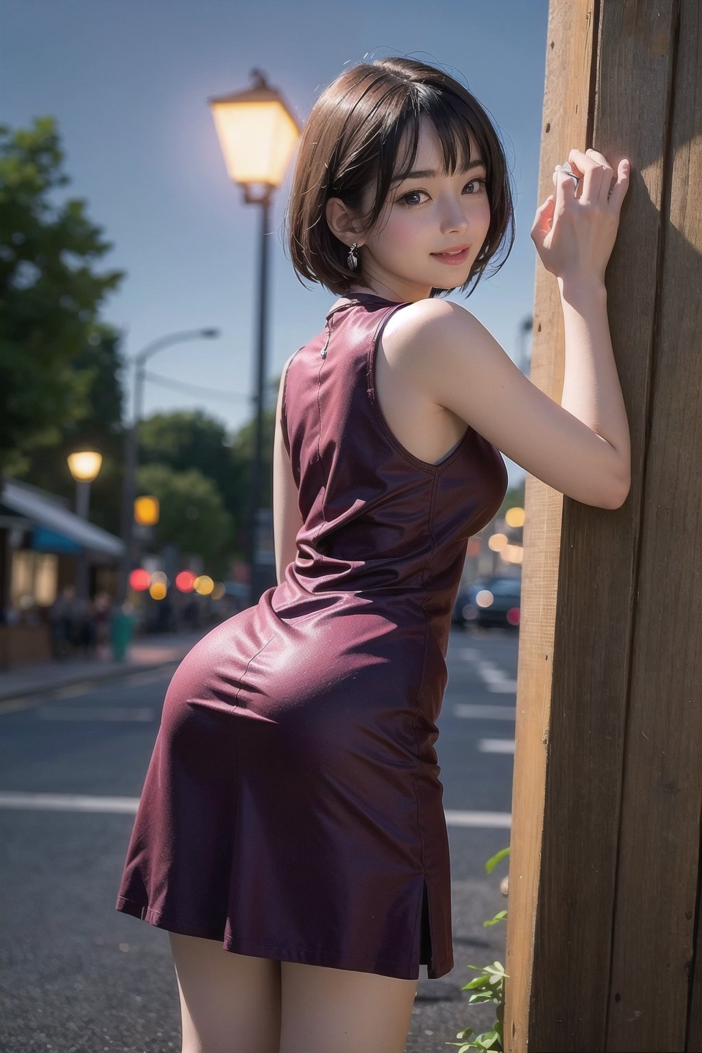 (full shot: 1.5), (from below: 1.1), (left rear view: 1.5), (Looking back at viewer: 1.5), (at night: 1.3), at big city, coffee in hand, smile, japanese girl, beautiful girl, slender girl, 1girl, (burgundy sleeveless dress: 1.3), earrings, walking, slender body, DSLR, masterpiece, photorealistic, 8k, ultra high res, true, best realism, correct anatomy, maximum realism, top quality, sharp, best quality, RAW photo, highly detailed			