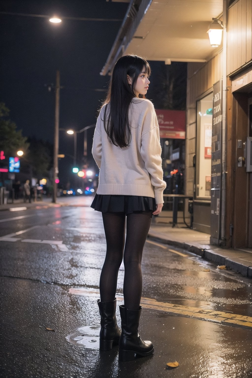 1girl, black hair color, long straight hair, slender body,medium breasts, leaf, silent street at night, (upper body: 1.2), (left rear view: 1.2), long cardigan, black pantyhose, short ankle boots, long pantskirt, raining, looking to the side,