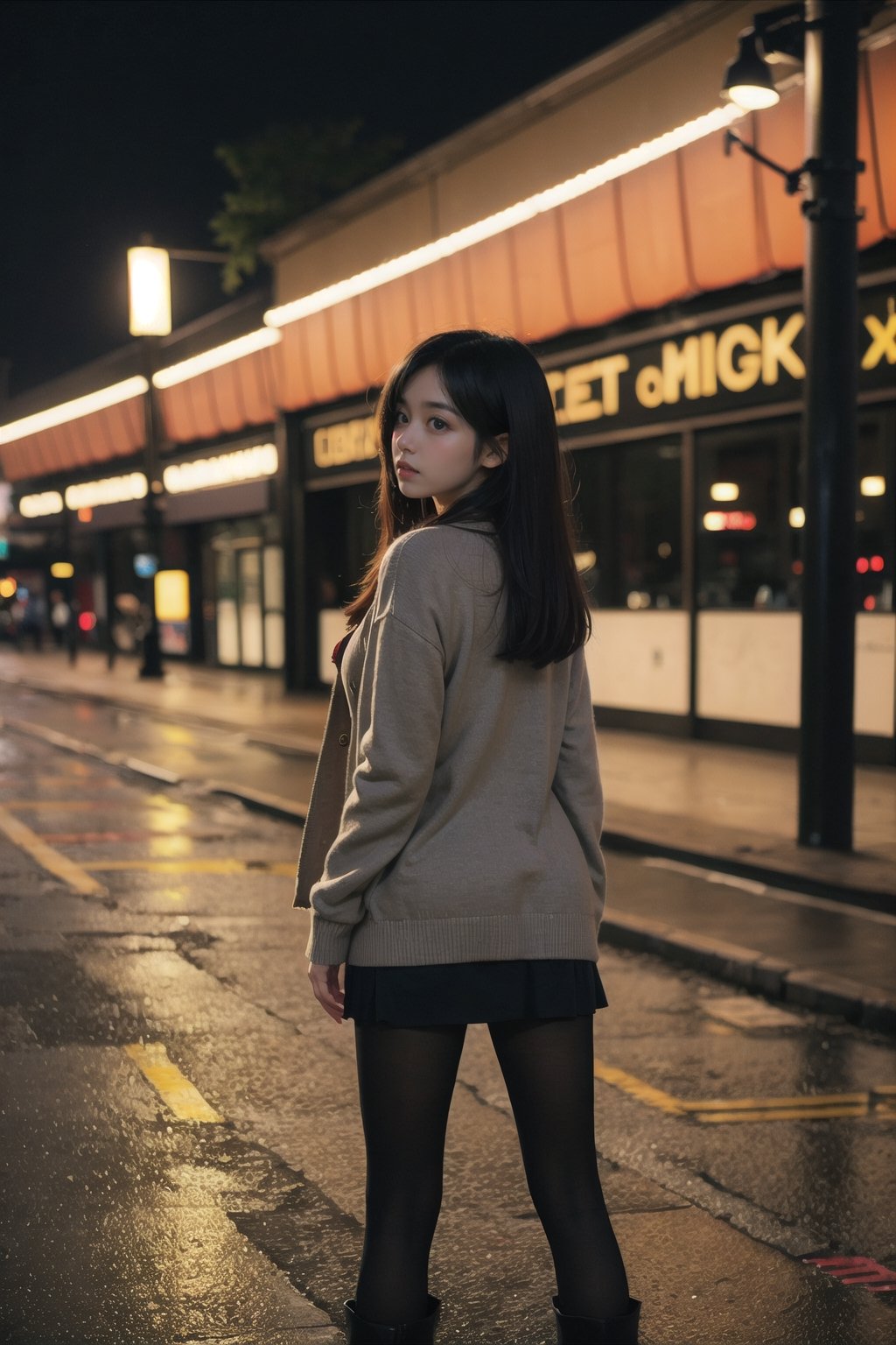 1girl, black hair color, long straight hair, slender body,medium breasts, leaf, silent street at night, (upper body: 1.2), (left rear view: 1.2), long cardigan, black pantyhose, short ankle boots, long pantskirt, raining, looking back