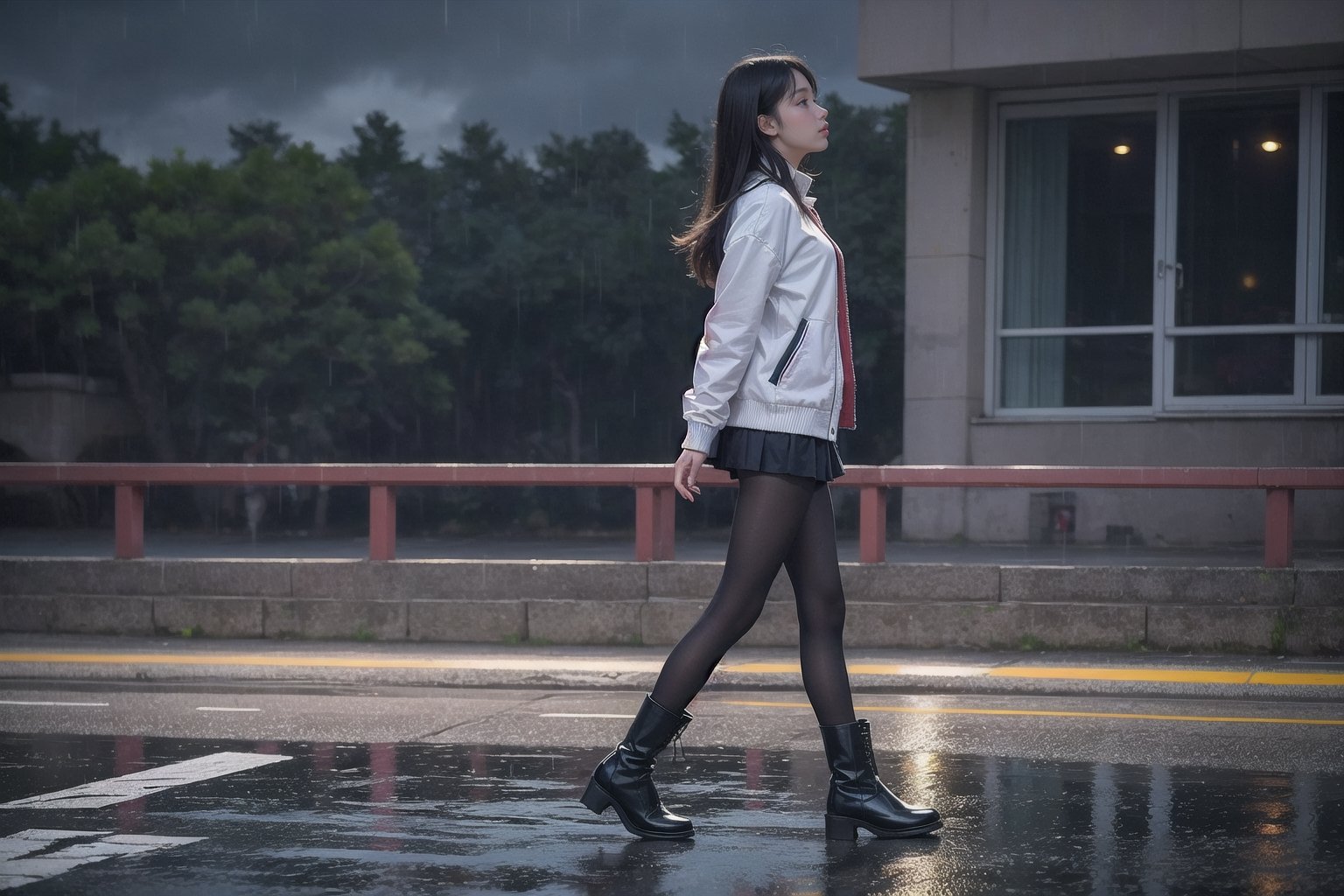 1girl, black hair color, long straight hair, slender body,medium breasts, leaf, silent street at night, (medium shot: 1.2), (side view: 1.5), sweater jacket, black pantyhose, short ankle boots, long pantskirt, look at viewer, raining