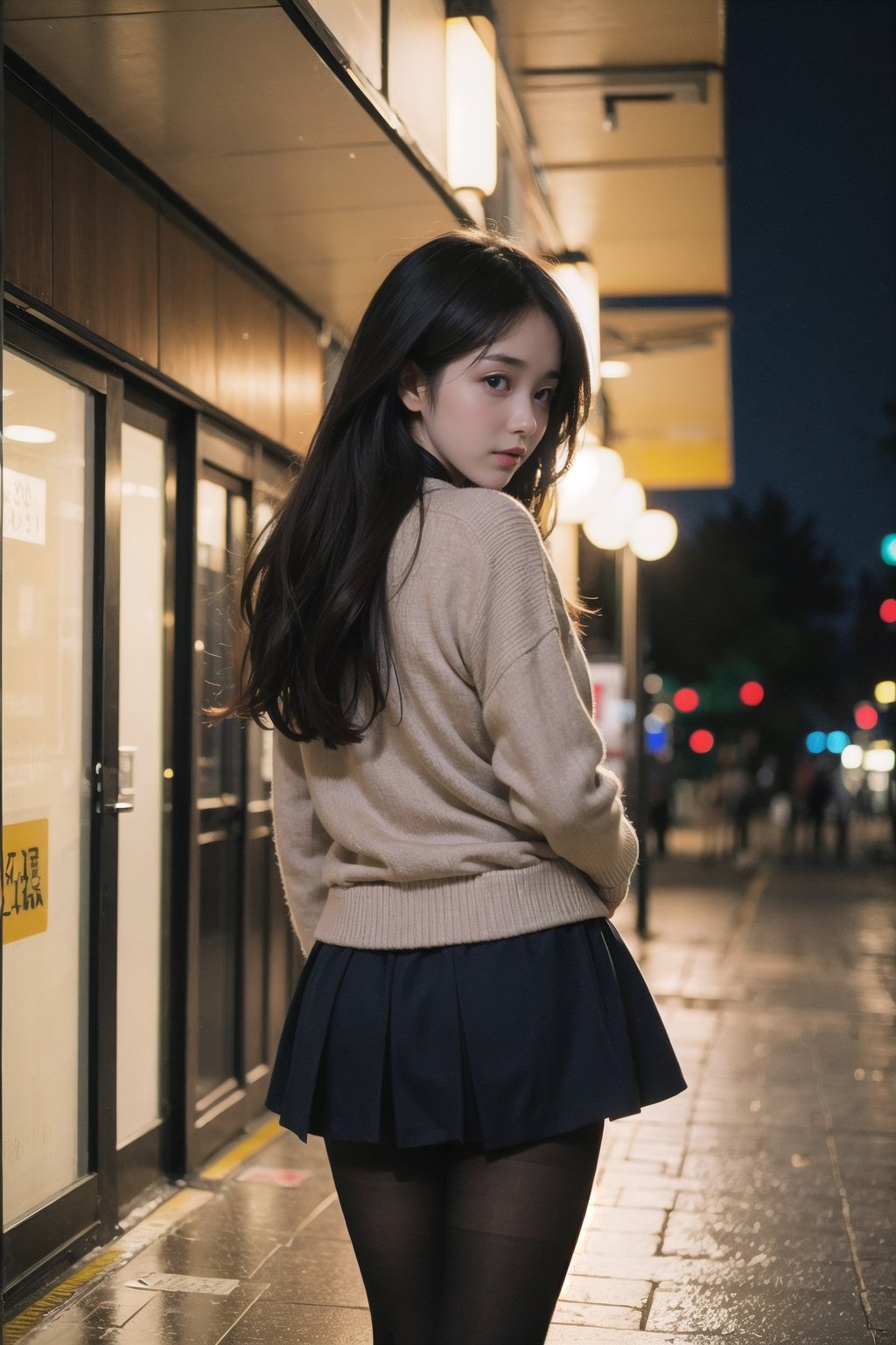 1girl, black hair color, long straight hair, slender body,medium breasts, leaf, silent street at night, (upper body: 1.2), (left rear view: 1.2), long cardigan, black pantyhose, short ankle boots, long pantskirt, raining, looking back