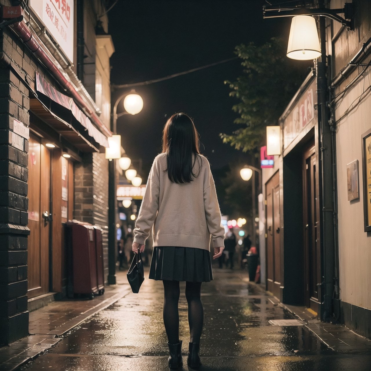 1girl, black hair color, long straight hair, slender body,medium breasts, leaf, silent street at night, (upper body: 1.2), (left rear view: 1.2), long cardigan, black pantyhose, short ankle boots, long pantskirt, raining